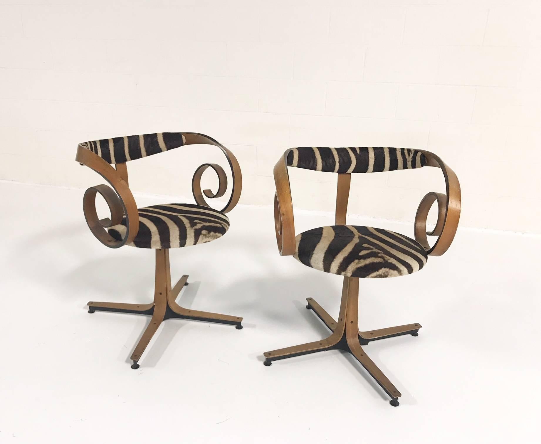 George Mulhauser for Plycraft Sultana Chairs Restored in Zebra Hide, Pair In Excellent Condition In SAINT LOUIS, MO