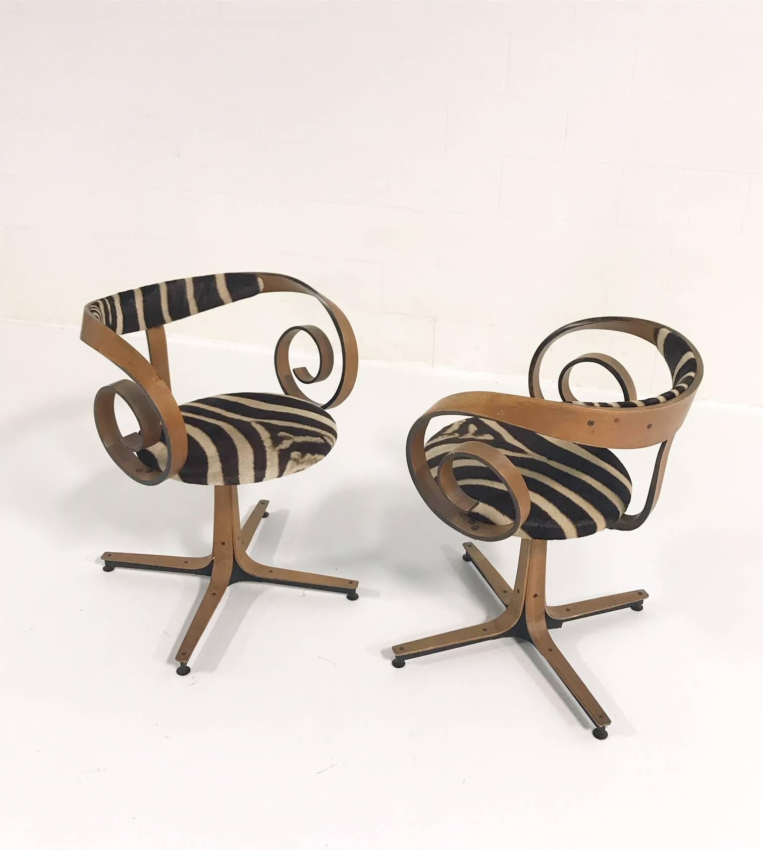 Mid-20th Century George Mulhauser for Plycraft Sultana Chairs Restored in Zebra Hide, Pair