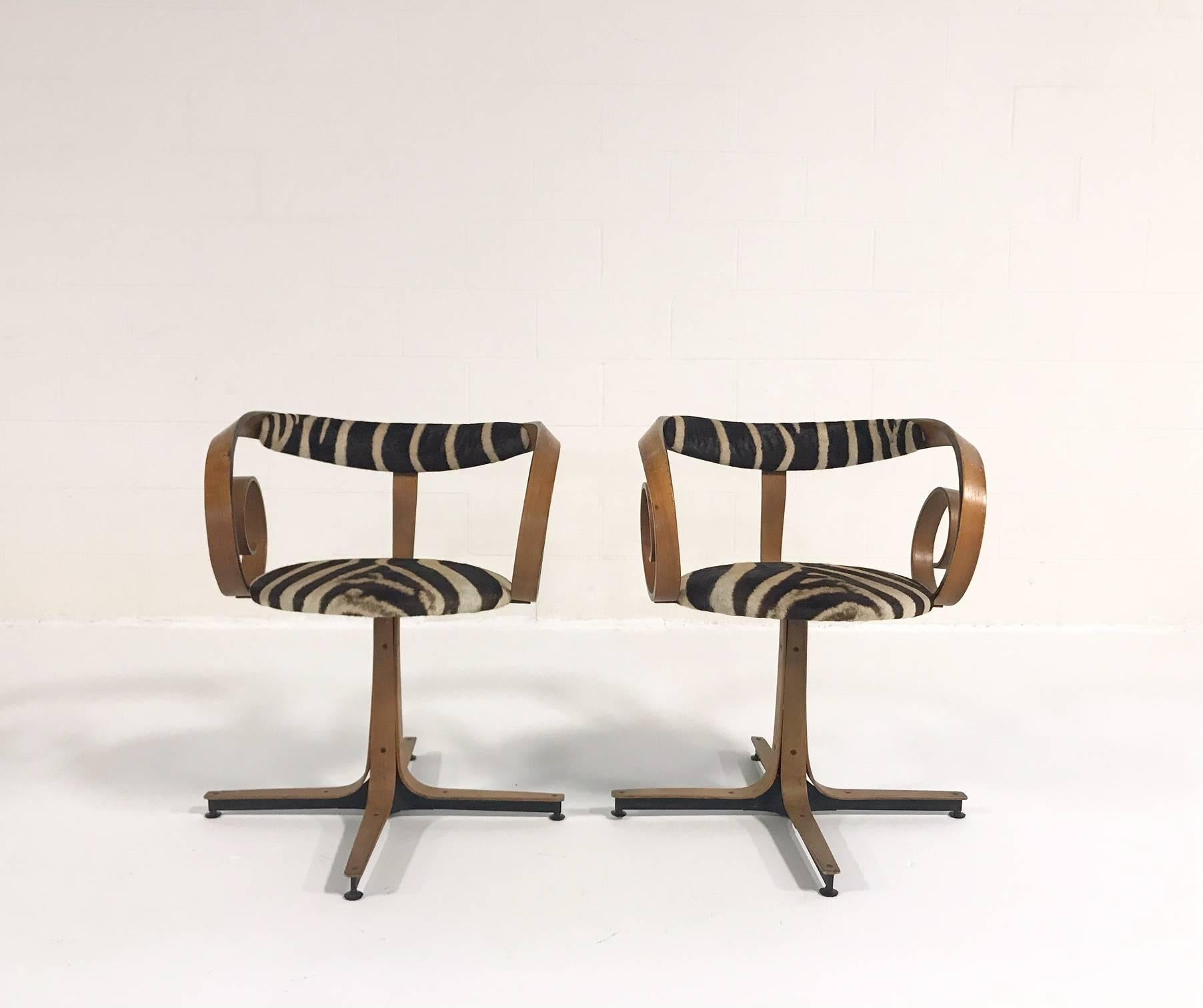 George Mulhauser for Plycraft Sultana Chairs Restored in Zebra Hide, Pair 1