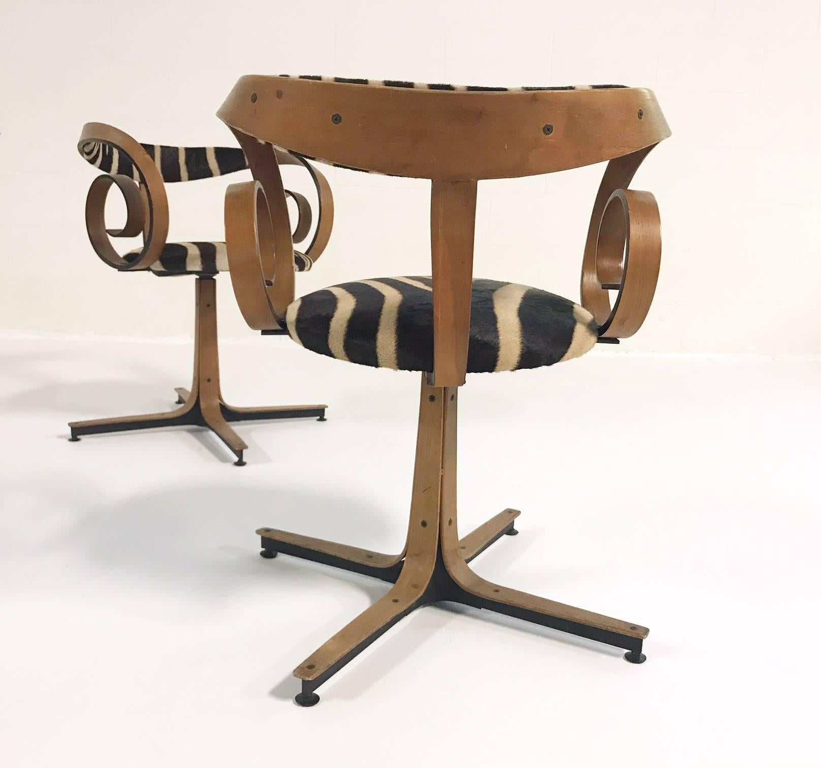 George Mulhauser for Plycraft Sultana Chairs Restored in Zebra Hide, Pair 2