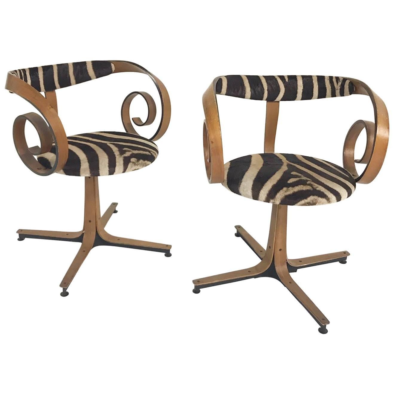 George Mulhauser for Plycraft Sultana Chairs Restored in Zebra Hide, Pair