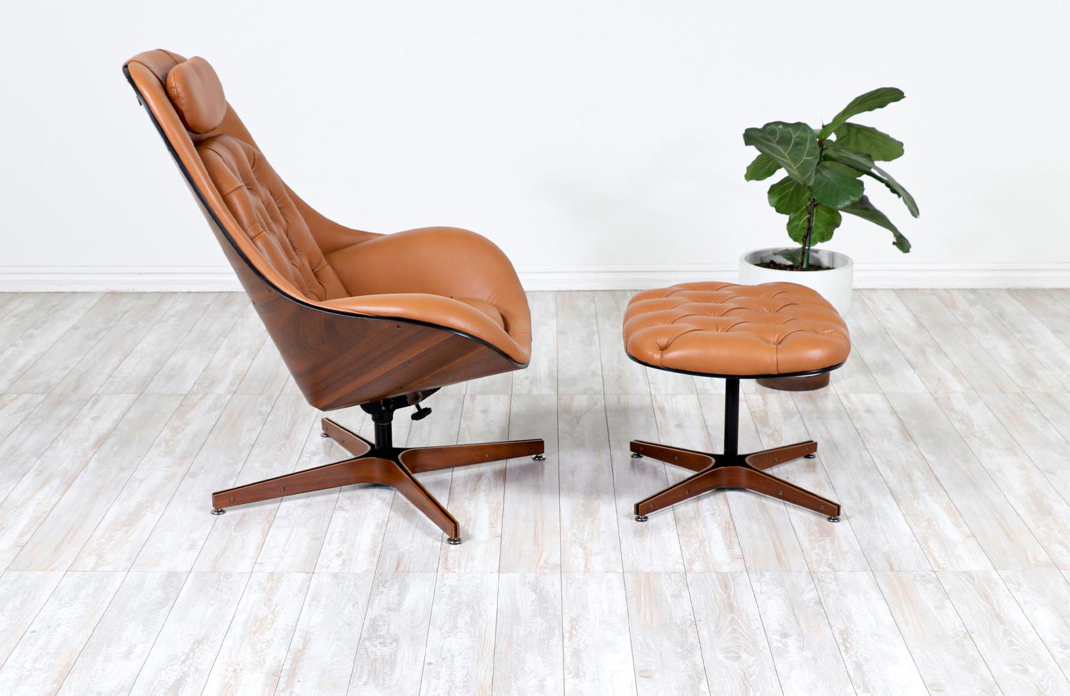 Mid-Century Modern George Mulhauser Leather & Walnut Swivel Chair with Ottoman for Plycraft