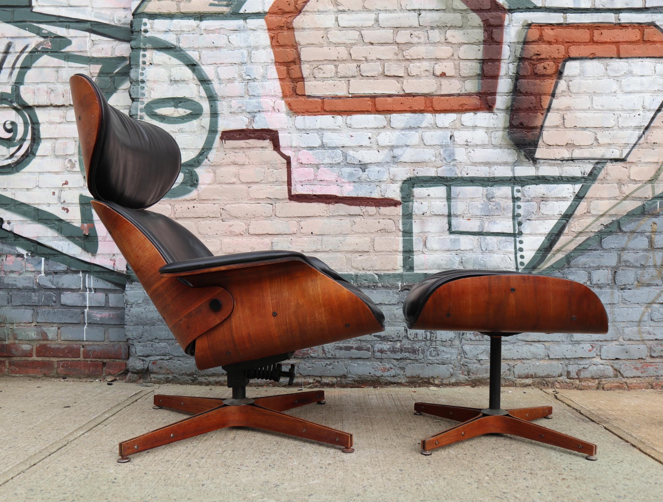 “Mr. Chair” and ottoman designed by George Mulhauser for Plycraft. Circa 1960s.original naugahyde upholstery in very good condition with no holes or tears. Tilting swive functions smoothly and ottoman swivels smoothly. Original walnut framed and