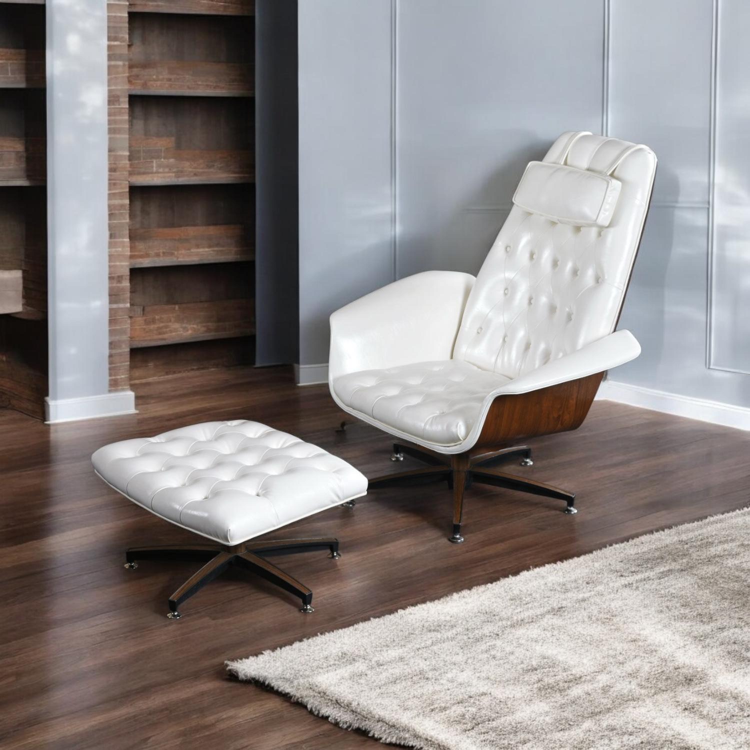 This listing is for ONE chair with ottoman. The second chair has been sold.

Beautifully restored Mid-Century Modern white lounge chair with ottomans designed in the manner of George Mulhauser's 