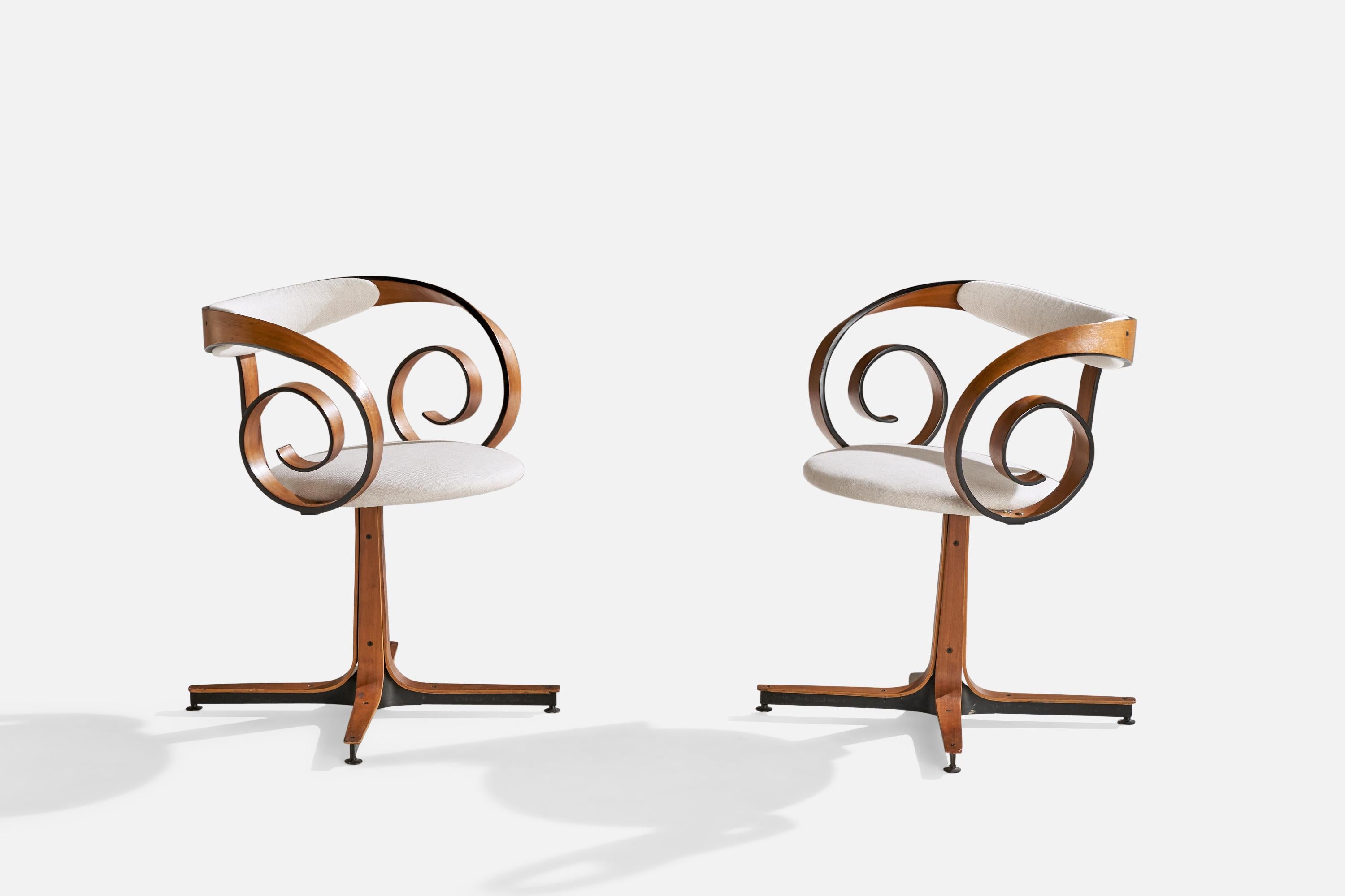 A pair of walnut and white fabric 