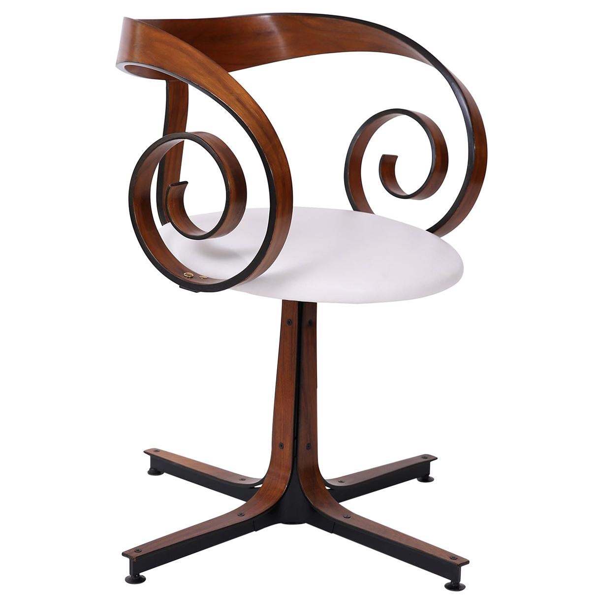 George Mulhauser Walnut and White Leather Sultana Chair for Plycraft, 1950s