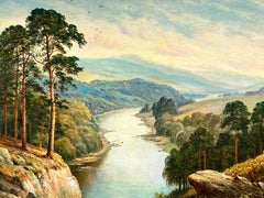 Huge Antique British Signed Oil Extensive River Landscape Hilly Views, framed