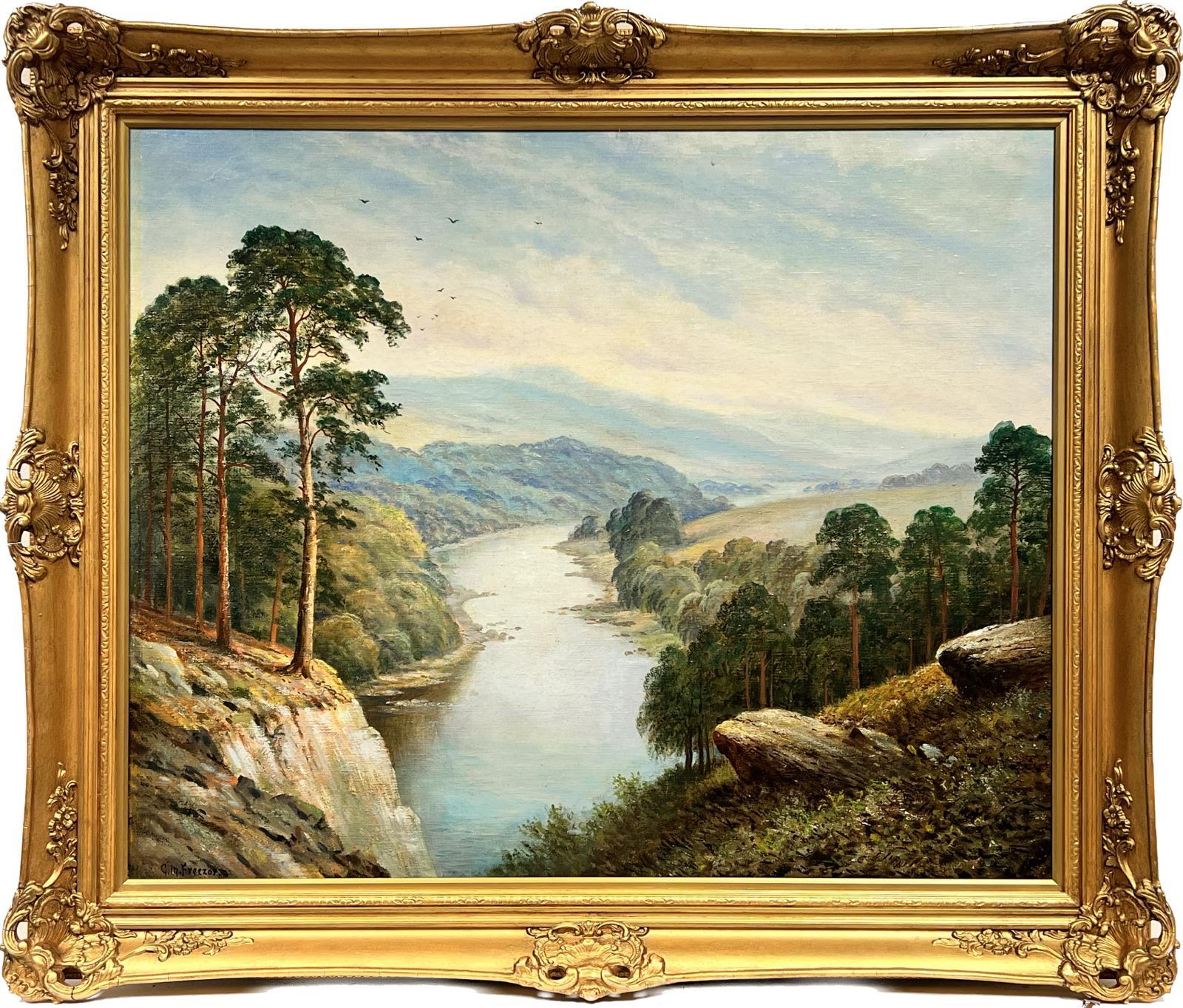 Figurative Painting de George Mulready Freezor - Enorme Antique British Firmado Óleo Extenso Paisaje fluvial Vistas montañosas, enmarcado