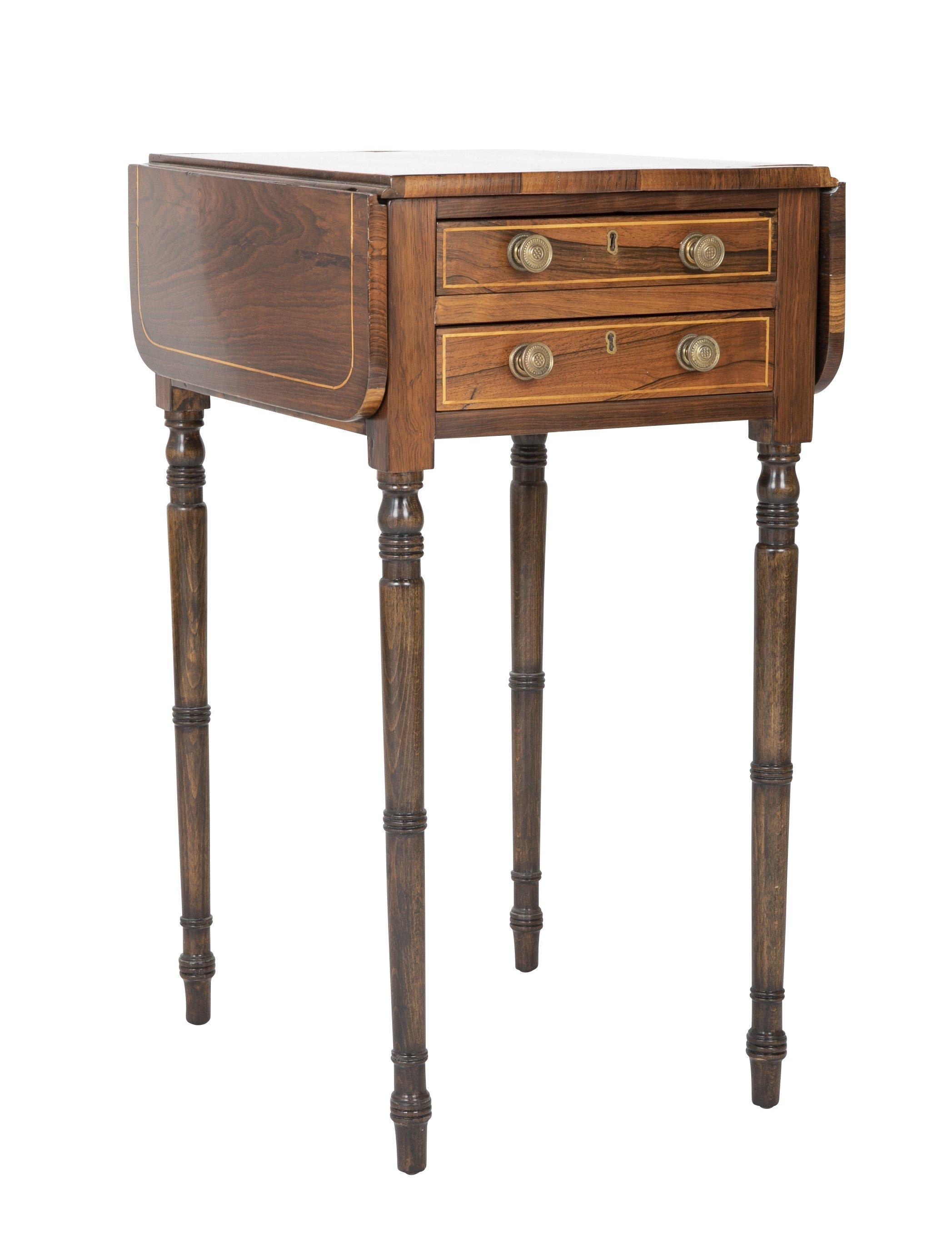 English Regency rosewood inlaid two drawer drop-leaf table with turned legs, circa 1815.

Measures: When open 27