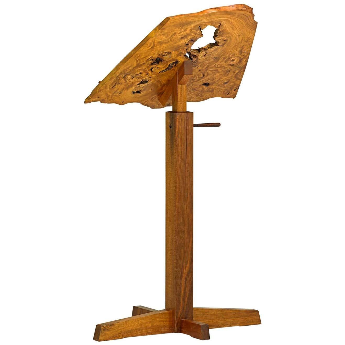 Adjustable music stand made from walnut and Carpathian elm burl. The stand is unmarked and has been documented by a copy of the original drawing.