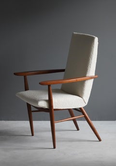 George Nakashima, Armchair, White Bouclé, Walnut, for Widdicomb, America 1960s