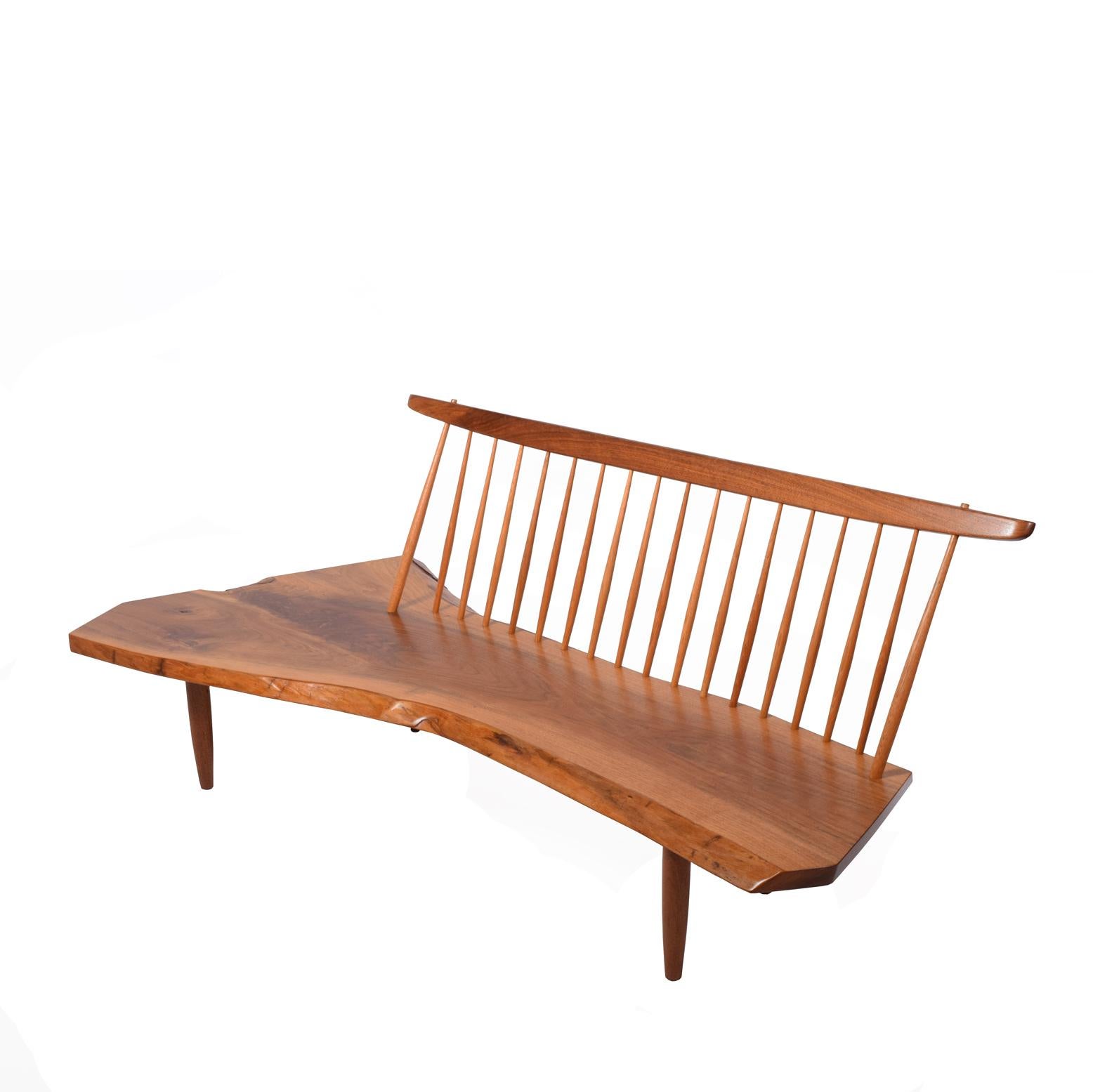 Solid plank of black walnut seat signed George Nakashima and date plus client name original owner inquired direct from the original owner collection professor John Fairey,
Original drawing available.
