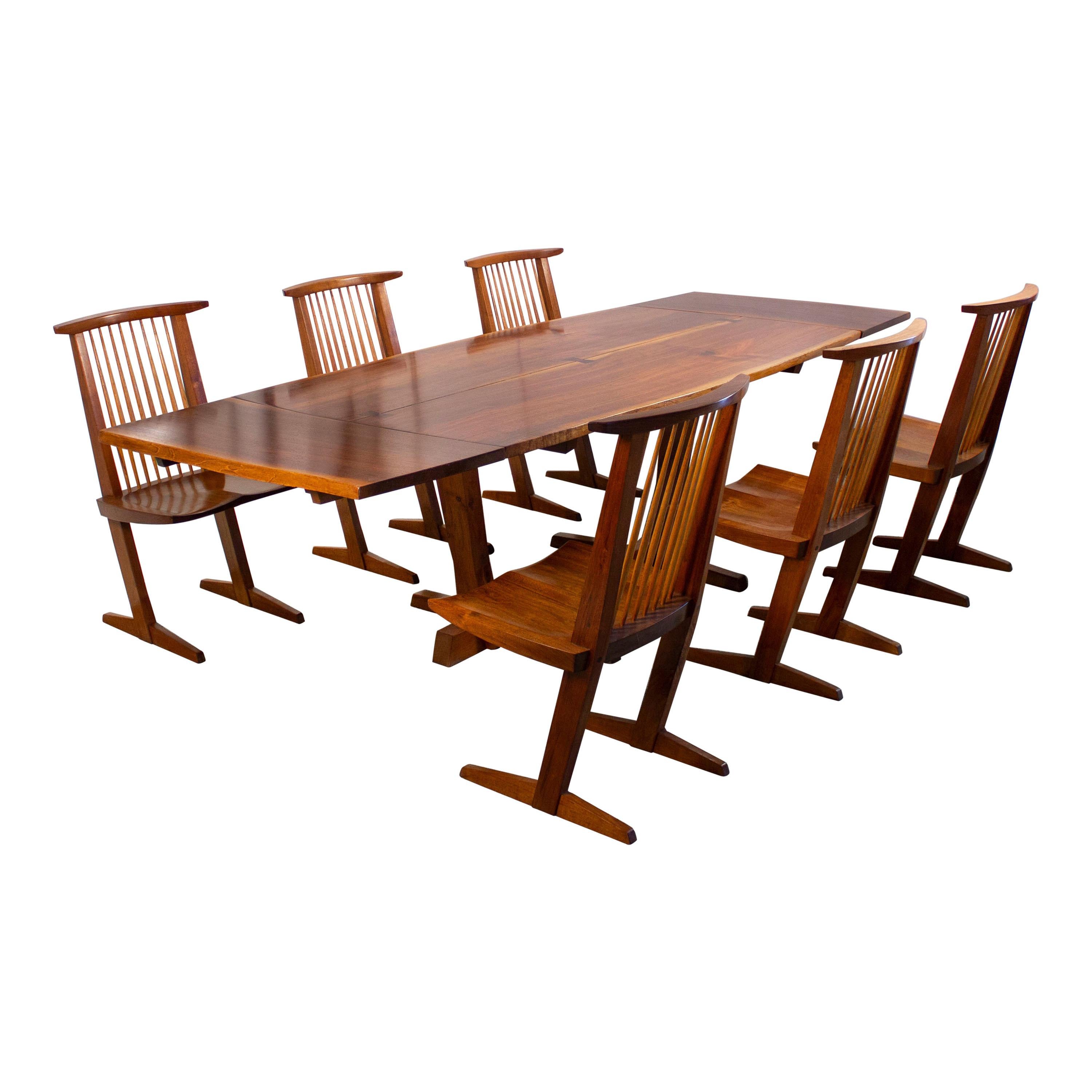 George Nakashima Conoid Dining Set in Sap Walnut with Free Form Edges & 6 Chairs