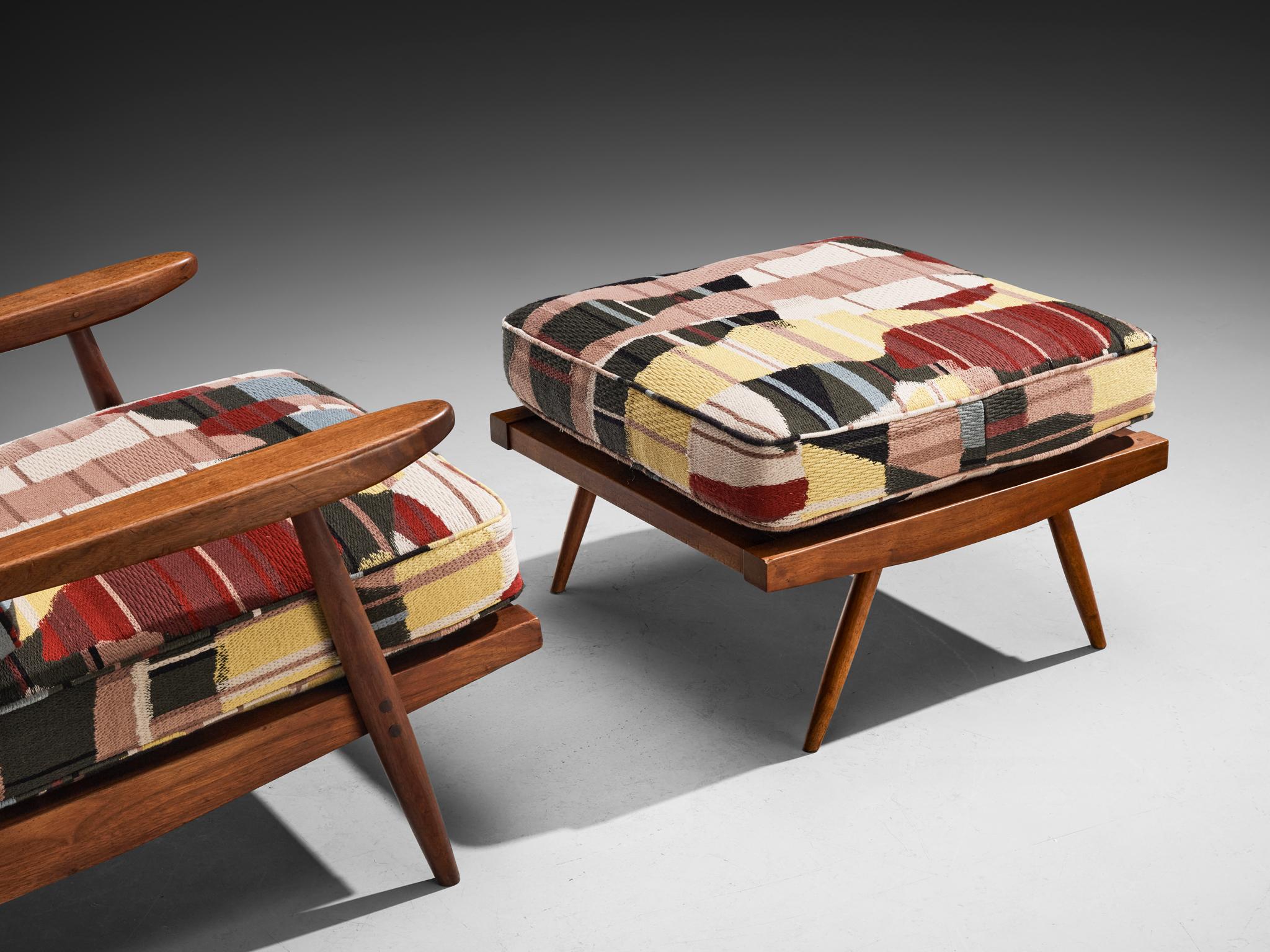 Mid-Century Modern George Nakashima 'Cushion' Spindleback Lounge Chair and Ottoman in Walnut