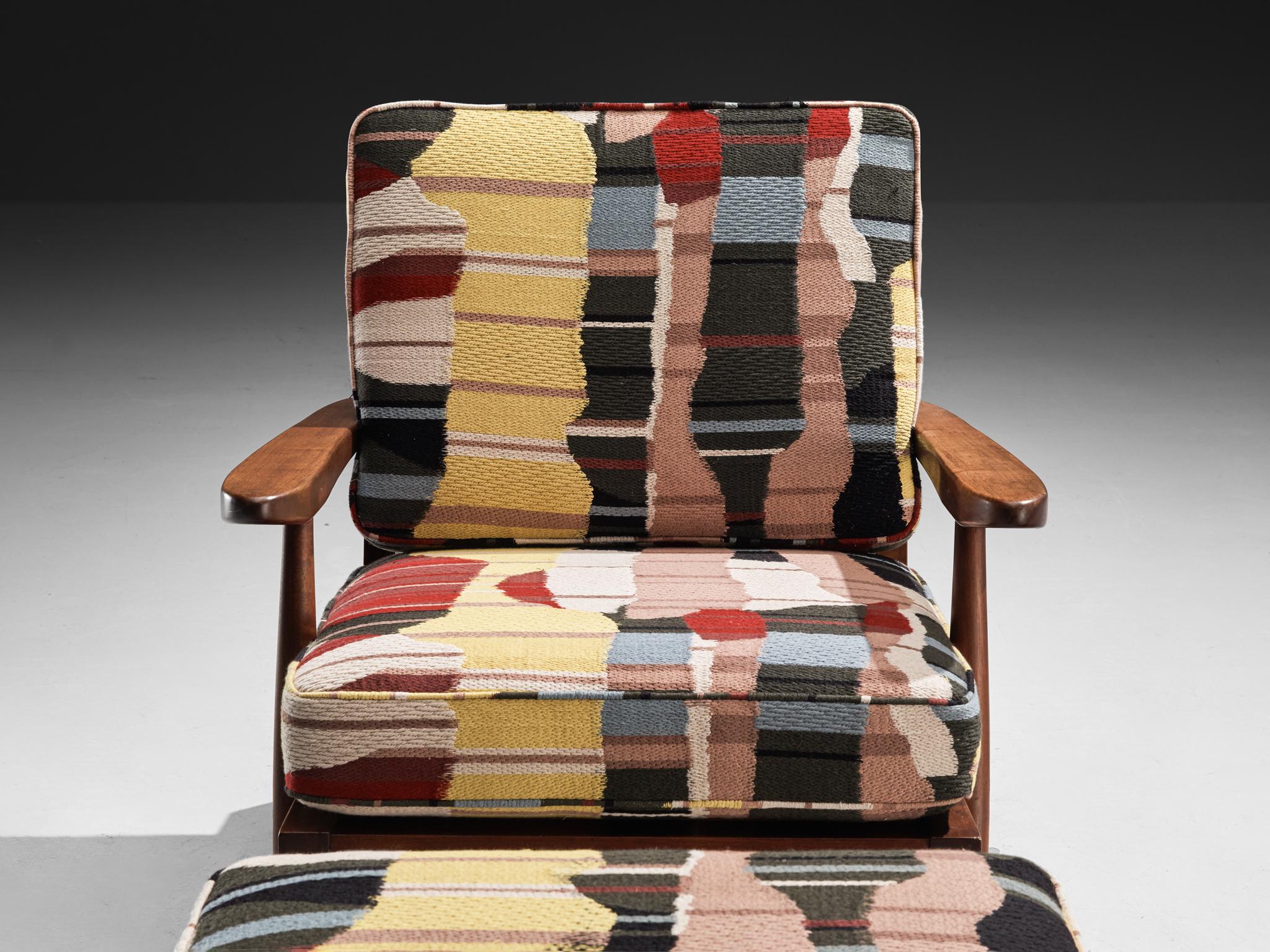 Fabric George Nakashima 'Cushion' Spindleback Lounge Chair and Ottoman in Walnut