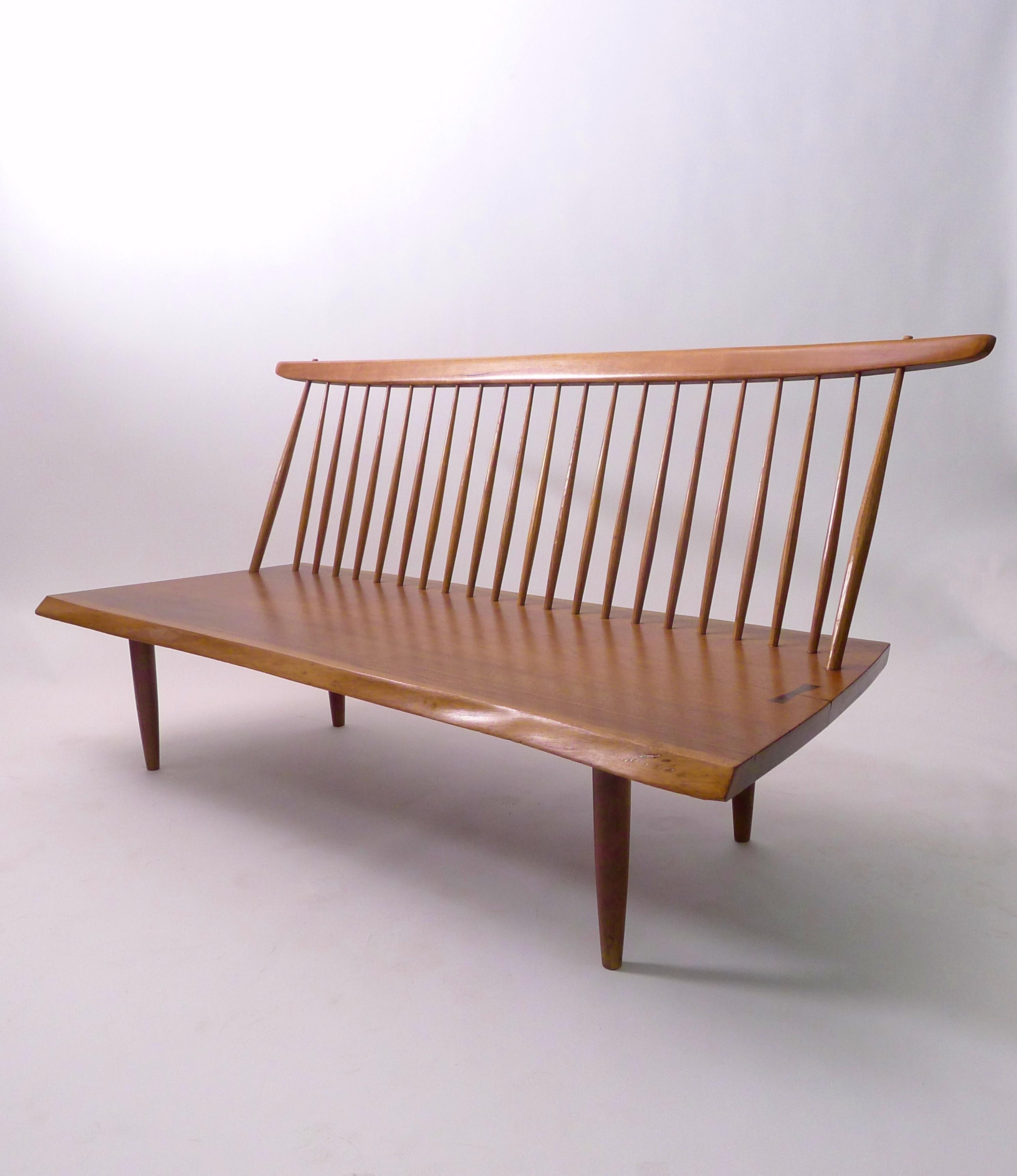 George Nakashima, Early Walnut Bench with Spindle Back, 1958 For Sale 4