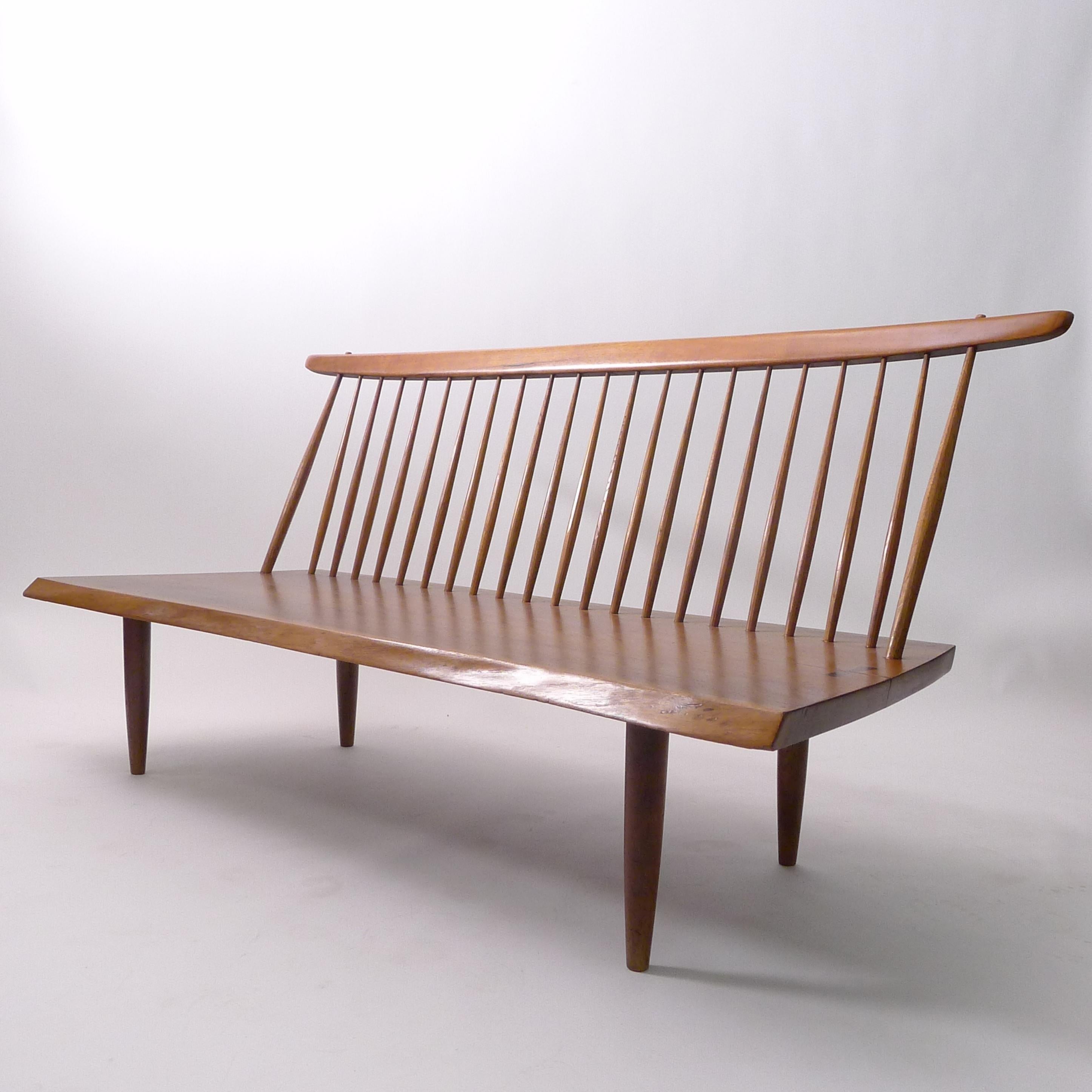 George Nakashima, Early Walnut Bench with Spindle Back, 1958 For Sale 7
