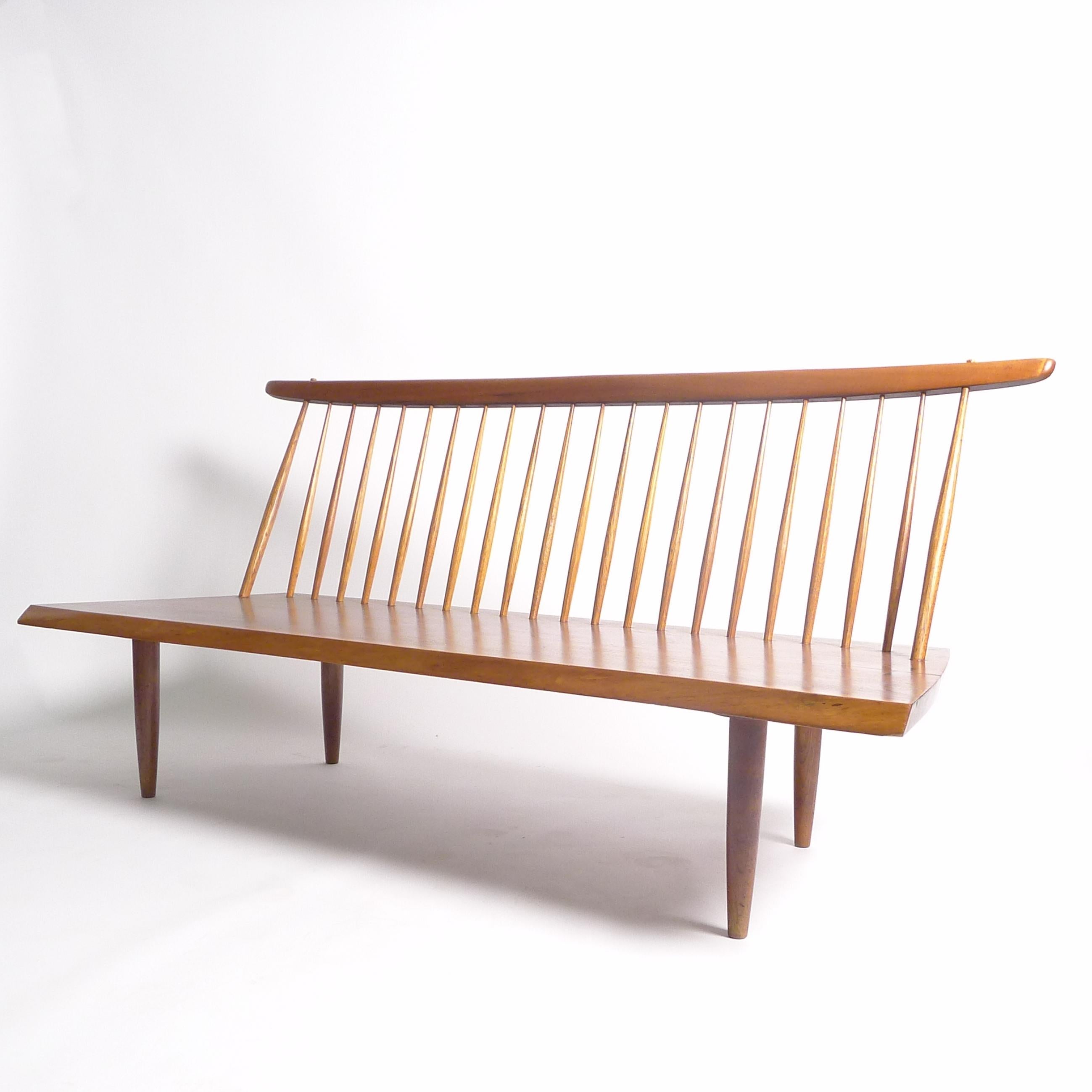 Mid-Century Modern George Nakashima, Early Walnut Bench with Spindle Back, 1958 For Sale