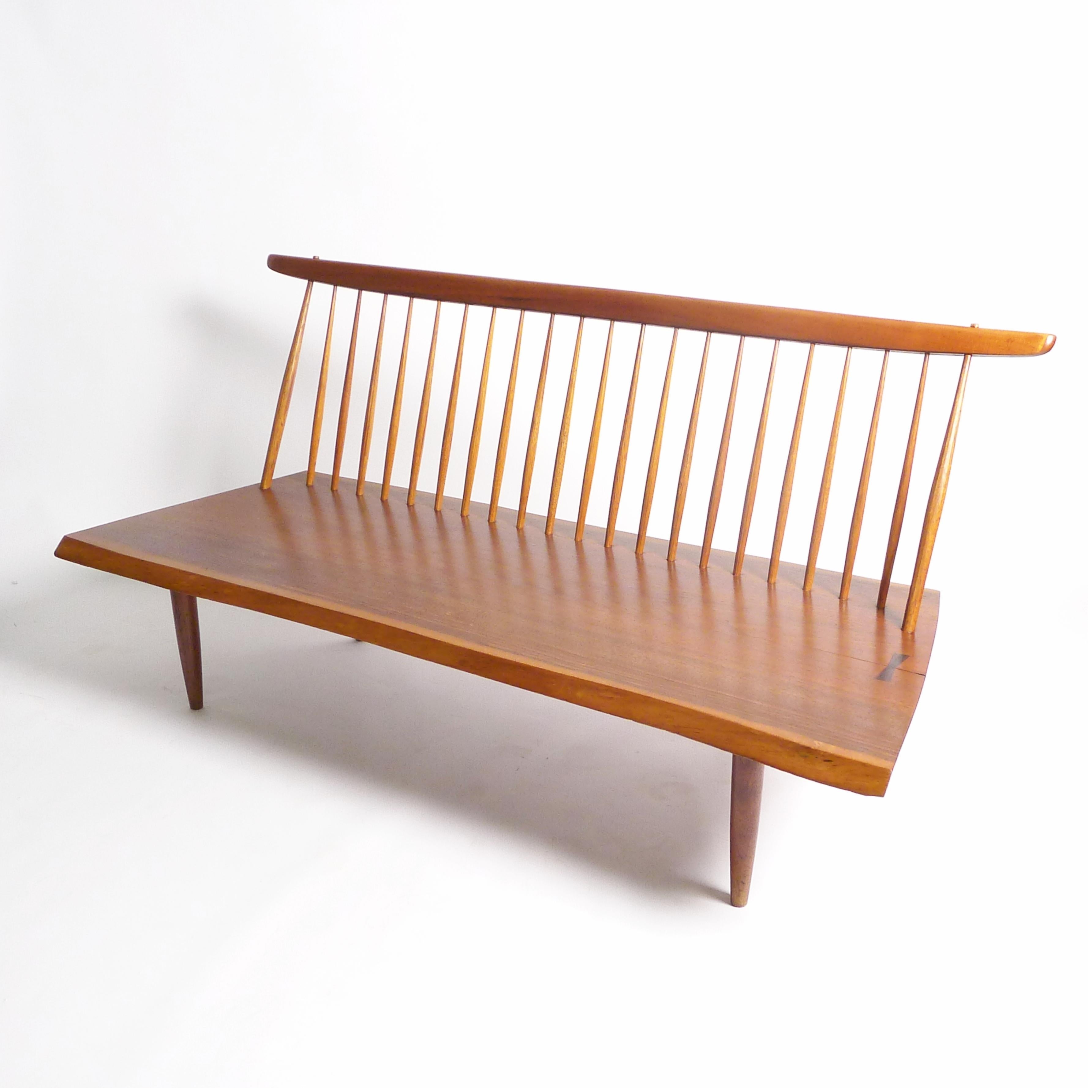 American George Nakashima, Early Walnut Bench with Spindle Back, 1958 For Sale