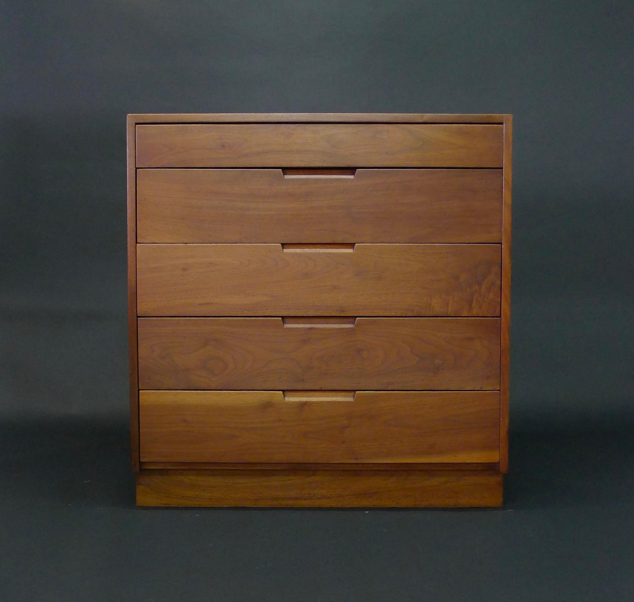 American black walnut chest of five drawers executed by George Nakashima woodworkers in New Hope, Pennsylvania, together with a photocopy of the original invoice dated 1956

Literature: see Mira Nakashima, Nature, Form & Spirit: The Life and Legacy