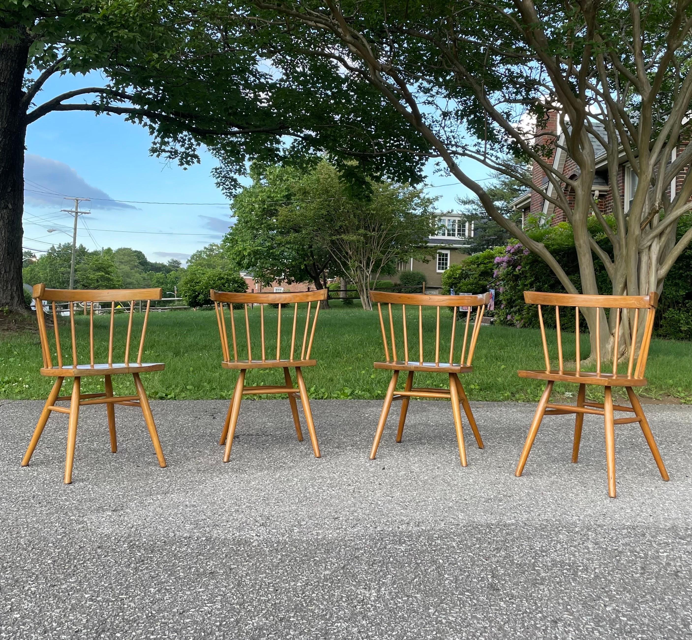 Designed by George Nakashima for Knoll in 1946, the N19 chair was intended as a mass-produced counterpoint to the Nakashima Studio’s popular “Straight Chair.” This is an early production, has the spindle back of the Windsor chair, with a smooth,