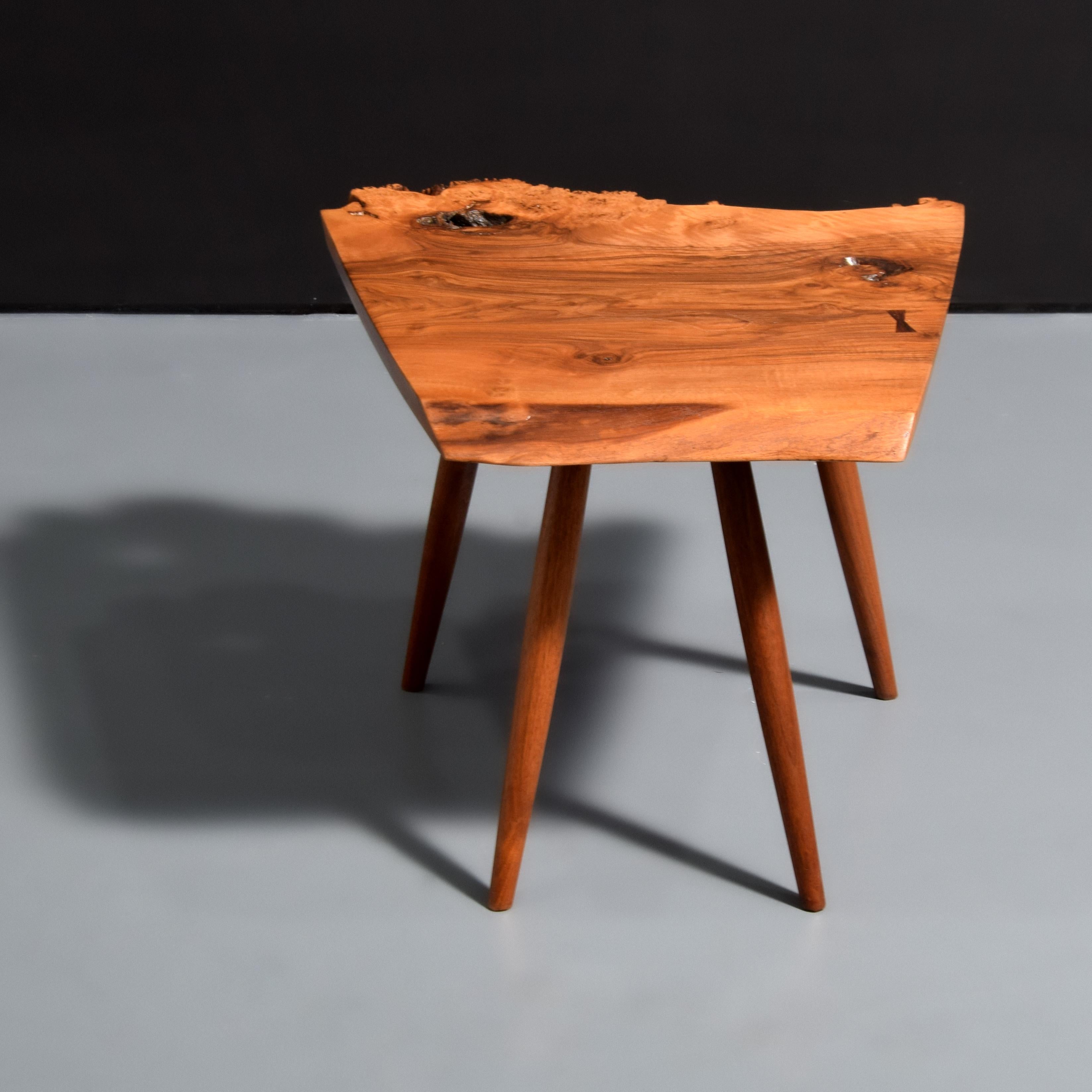 Artist/Designer: George Nakashima (American, 1905-1990); Nakashima Studio

Additional Information: Exceptional occasional/end table with a highly-figured single slab top, burled free edges, expressive graining, knots and fissures. Item includes a