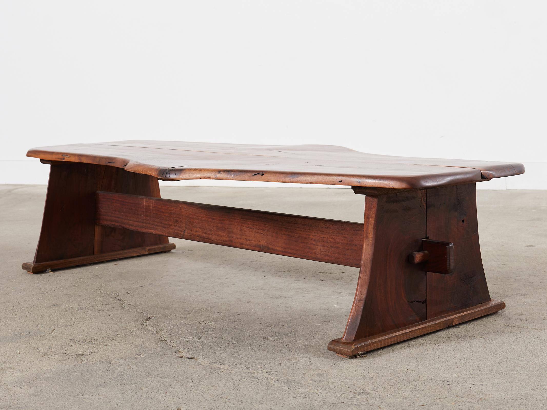 Hand-Crafted George Nakashima Inspired Natural Edge Walnut Bench Coffee Table For Sale