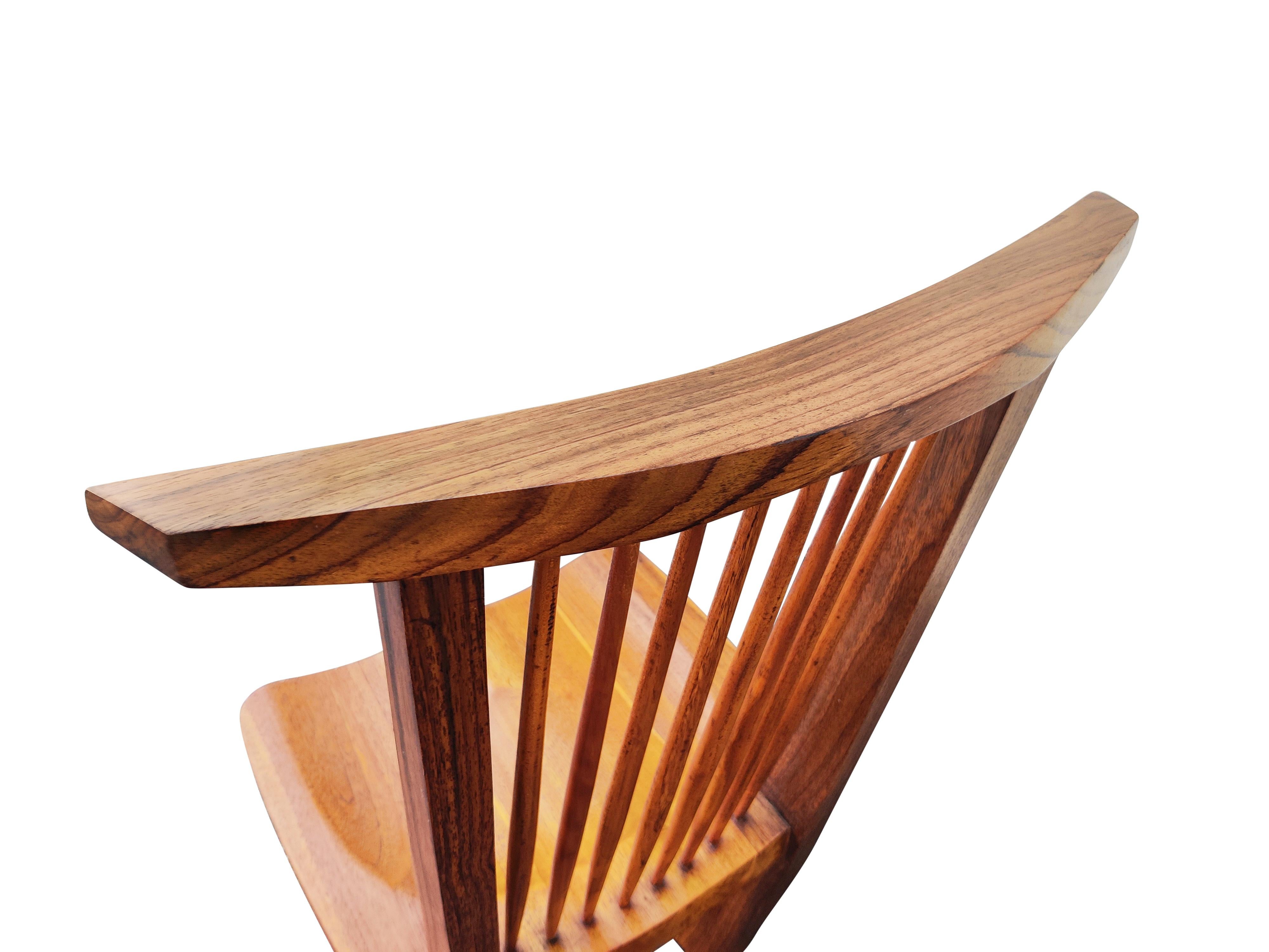 Late 20th Century George Nakashima Inspired Set of Six Conoid Style Dining Chairs Mixed Hardwoods