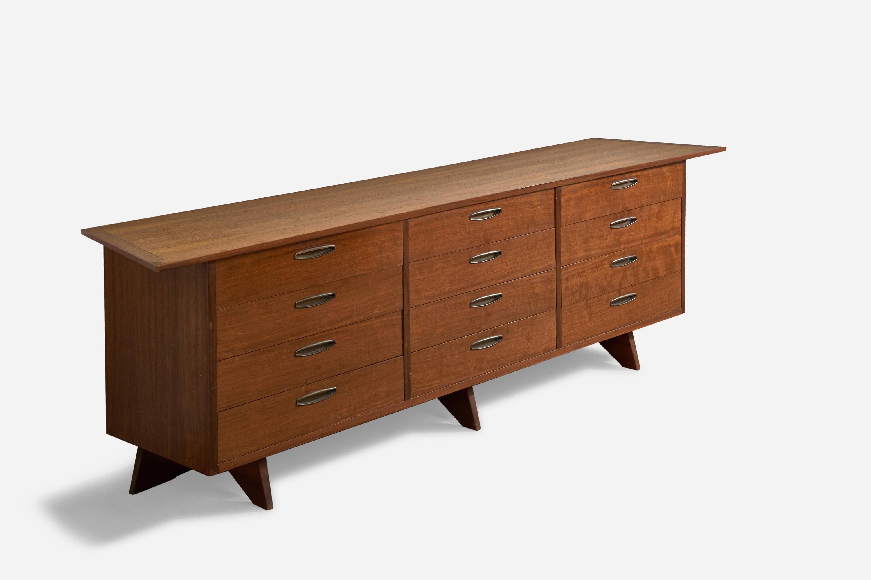 A large walnut chest of drawers or dresser designed by George Nakashima. Produced by Widdicomb Furniture Company, Grand Rapids, Michigan, America, 1960s.

