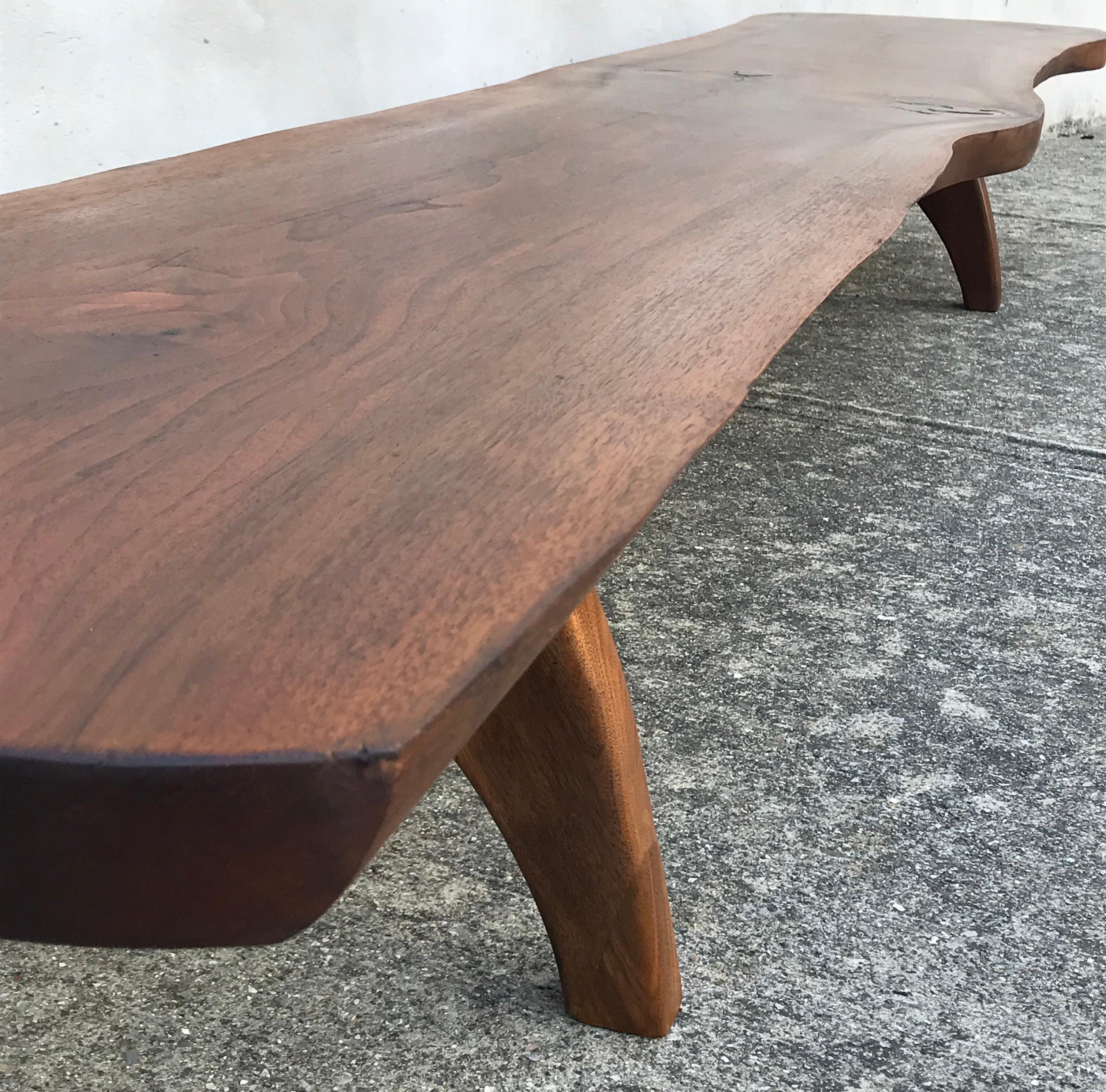 American Mid Century Live Edge Black Walnut Bench, George Nakashima, In The Style Of, 9' For Sale