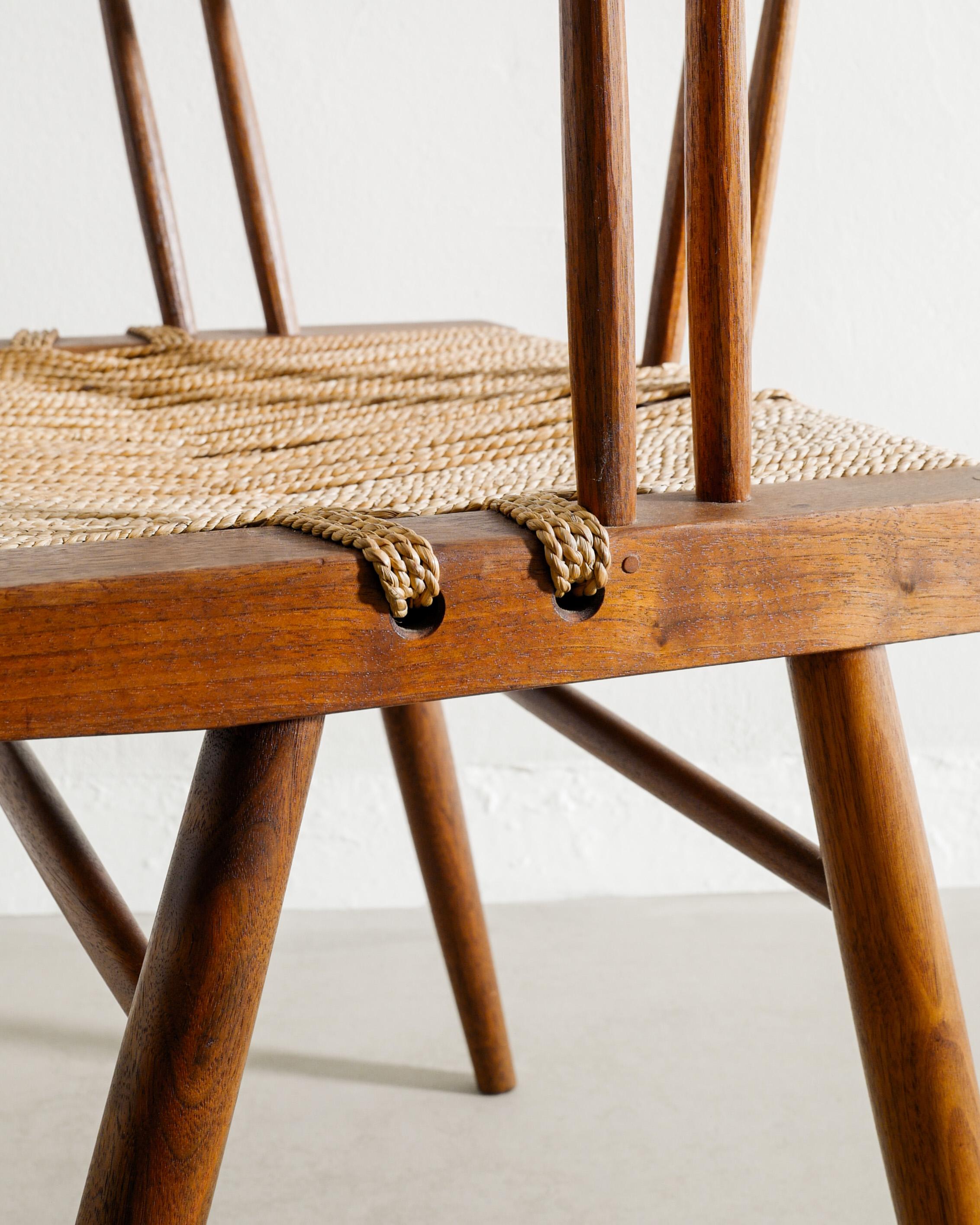 George Nakashima Mid Century Wooden Walnut Grass Straw Dining Office Chair 1960s In Good Condition For Sale In Stockholm, SE
