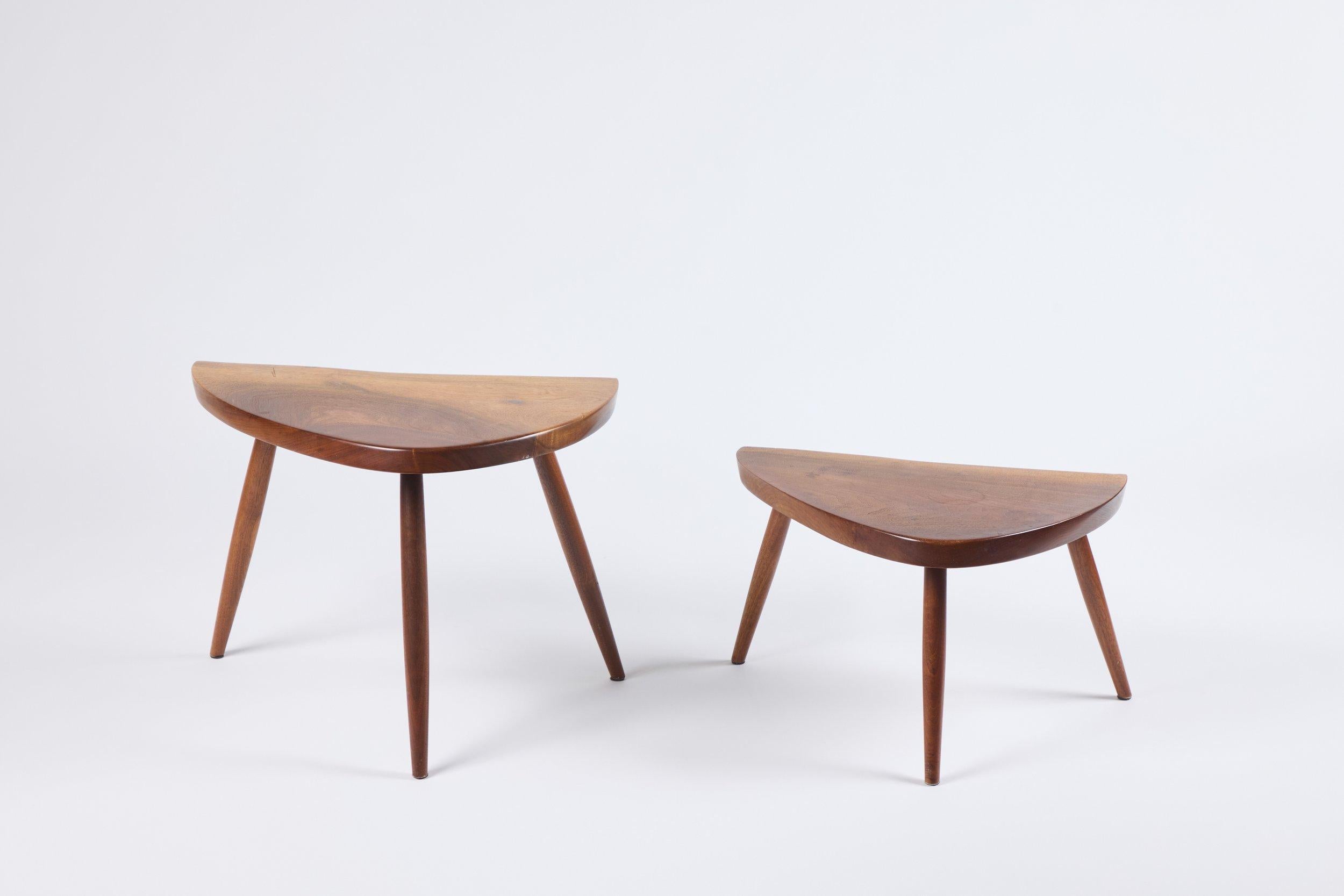 George Nakashima nesting table set. Walnut.

George Nakashima was a renowned Japanese-American furniture designer and craftsman who left an indelible mark on American design. Nakashima’s significance in the studio craft movement stems from his