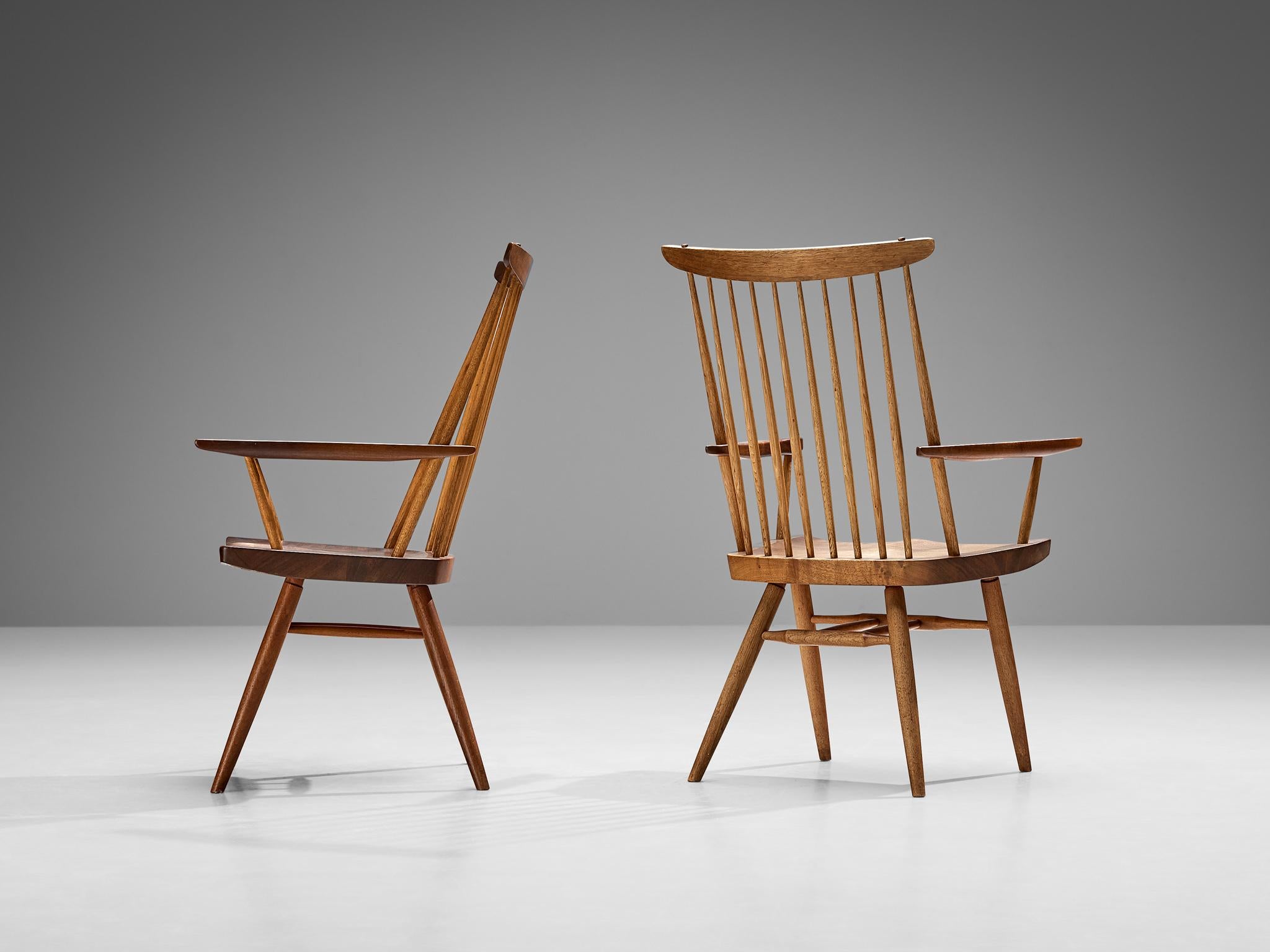 Mid-20th Century George Nakashima Pair of 'New' Armchairs in Walnut and Hickory 