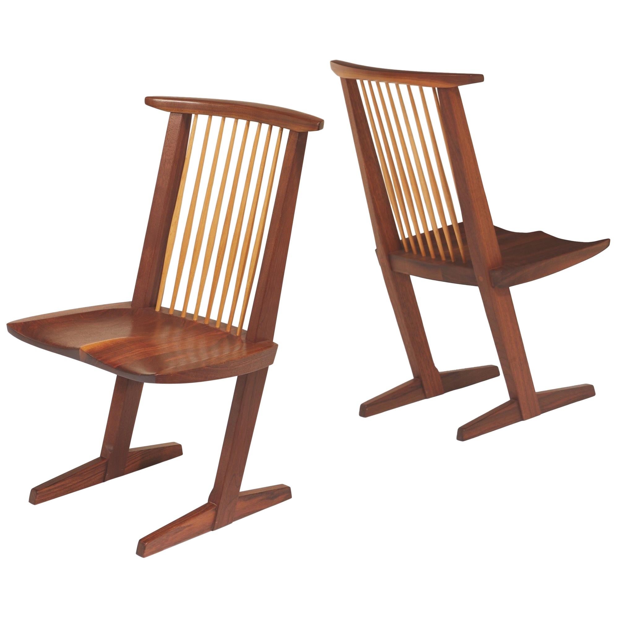 George Nakashima, Rare Sculptural Pair of Conoid Chairs in Walnut, Signed, 1989
