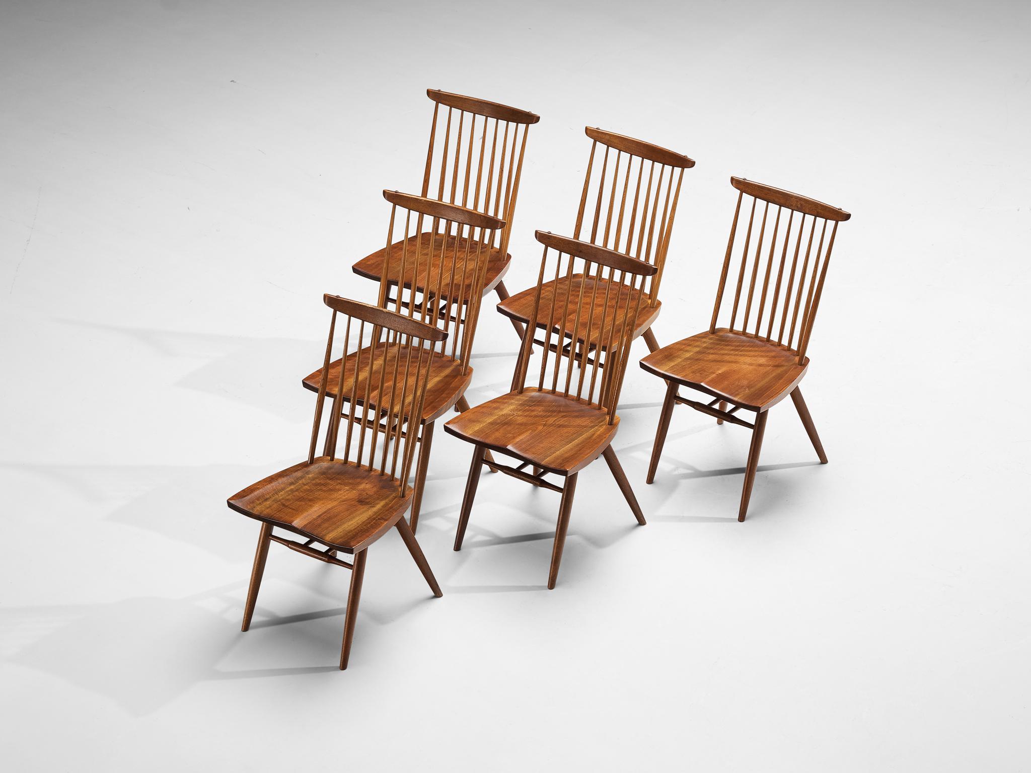 George Nakashima for Nakashima Studio, set of six 'New' dining chairs, American black walnut, hickory, United States, design 1956, production 1961

With regard to its essential form, material use, and woodwork, this ‘New’ dining chair is a testimony