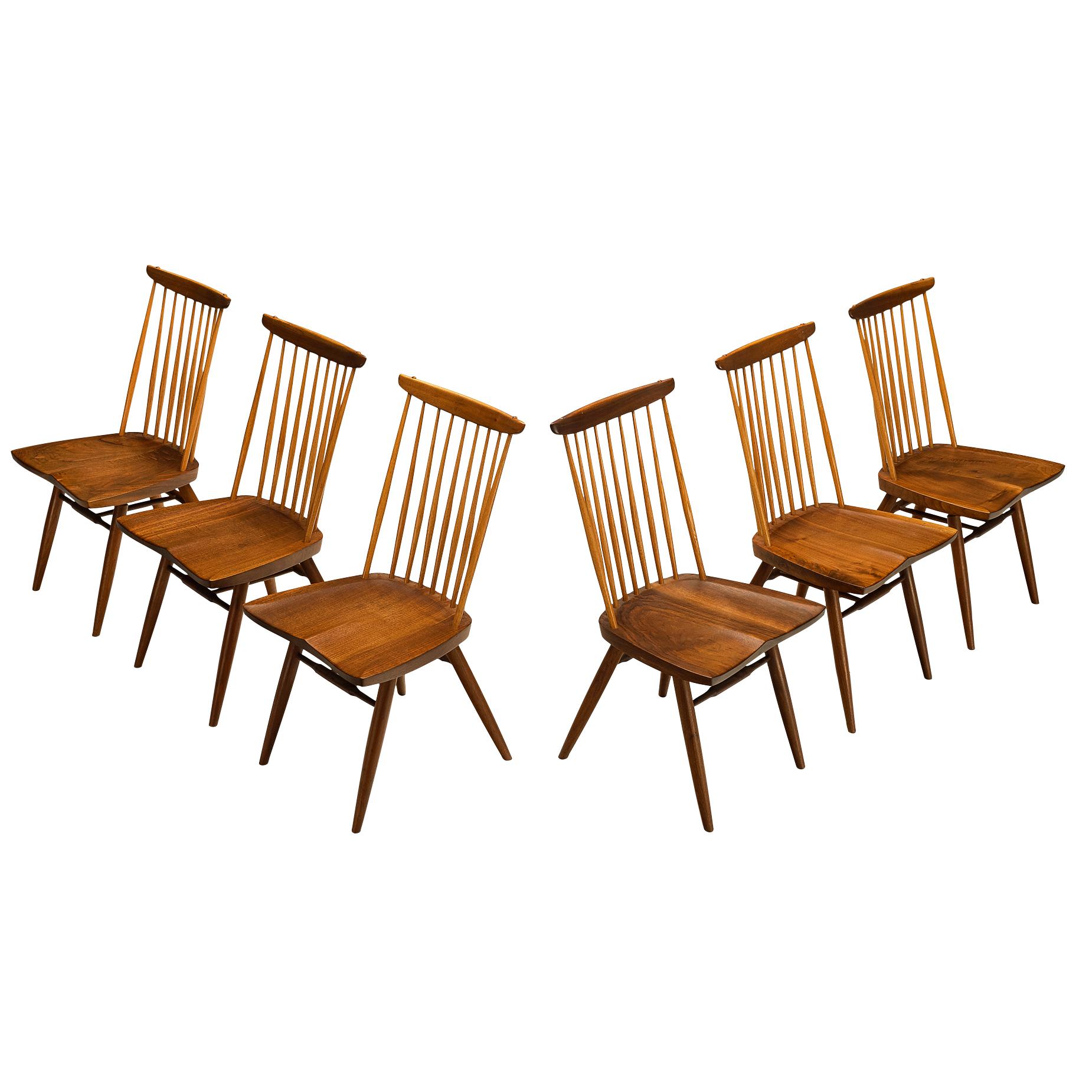 George Nakashima Set of Six 
New
 Dining Chairs in Walnut and Hickory For Sale