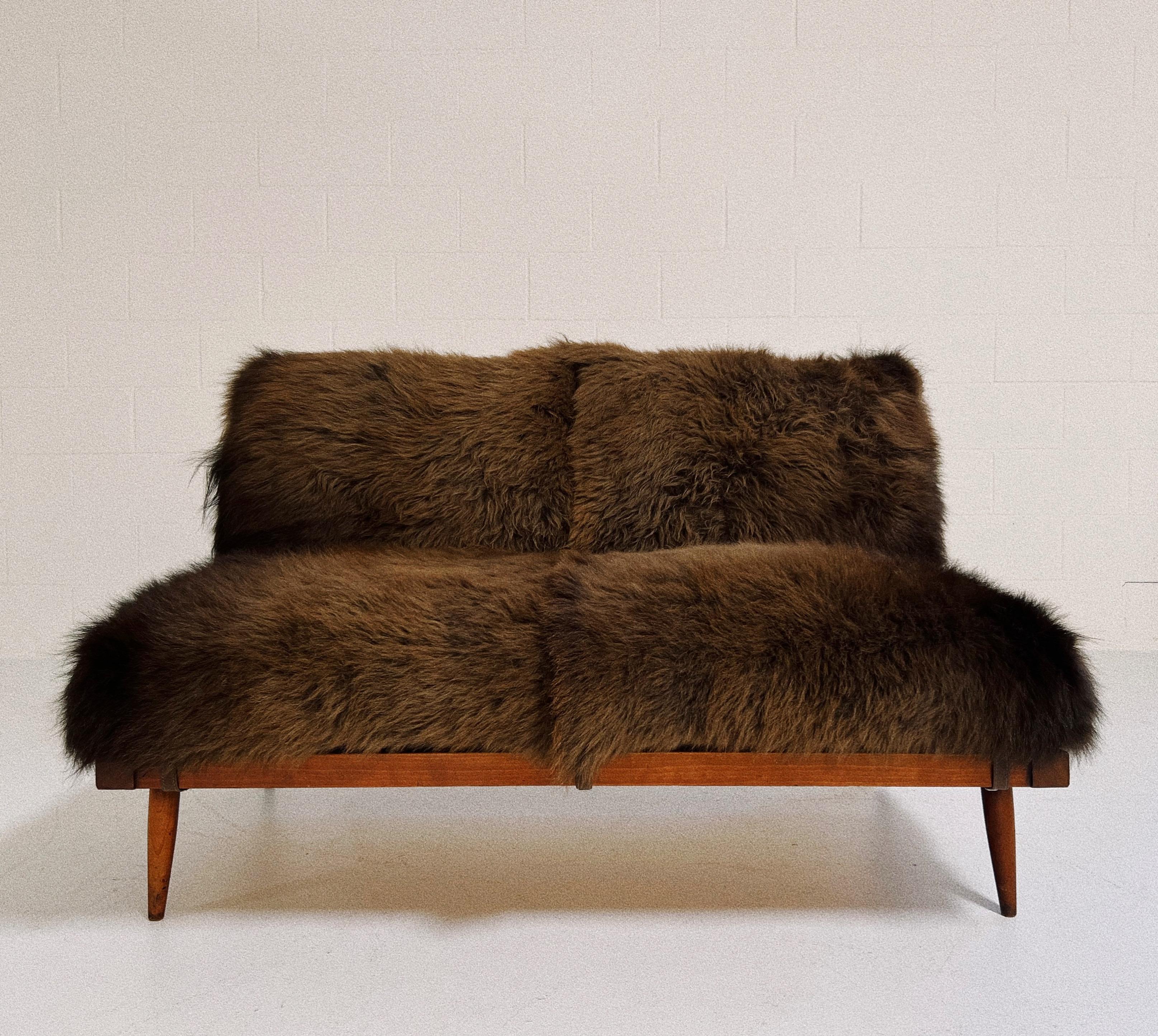 George Nakashima Settee with American Bison Hide Cushions For Sale 6