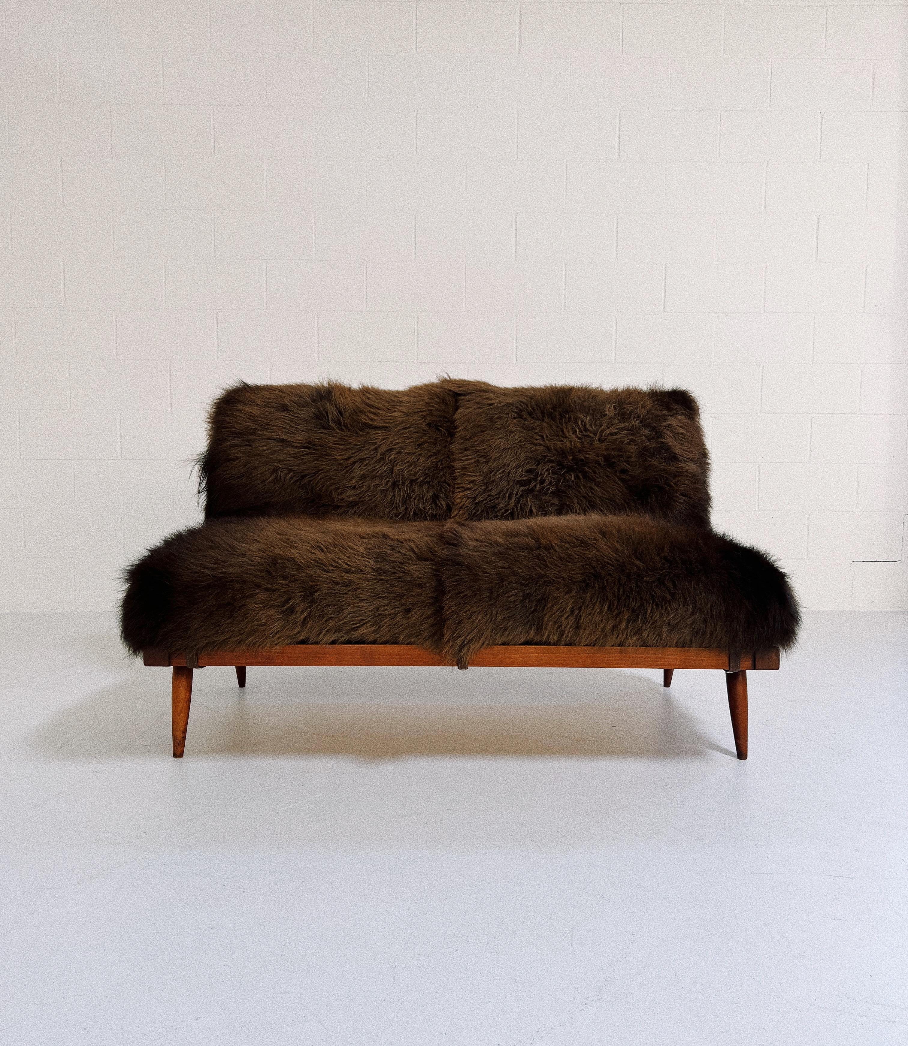American Craftsman George Nakashima Settee with American Bison Hide Cushions For Sale