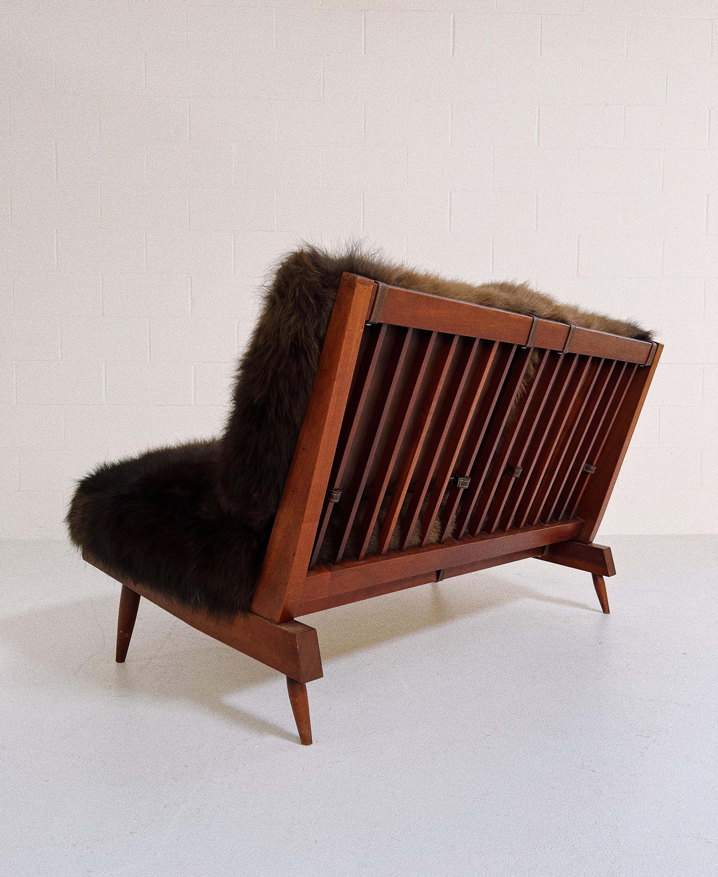 George Nakashima Settee with American Bison Hide Cushions 2