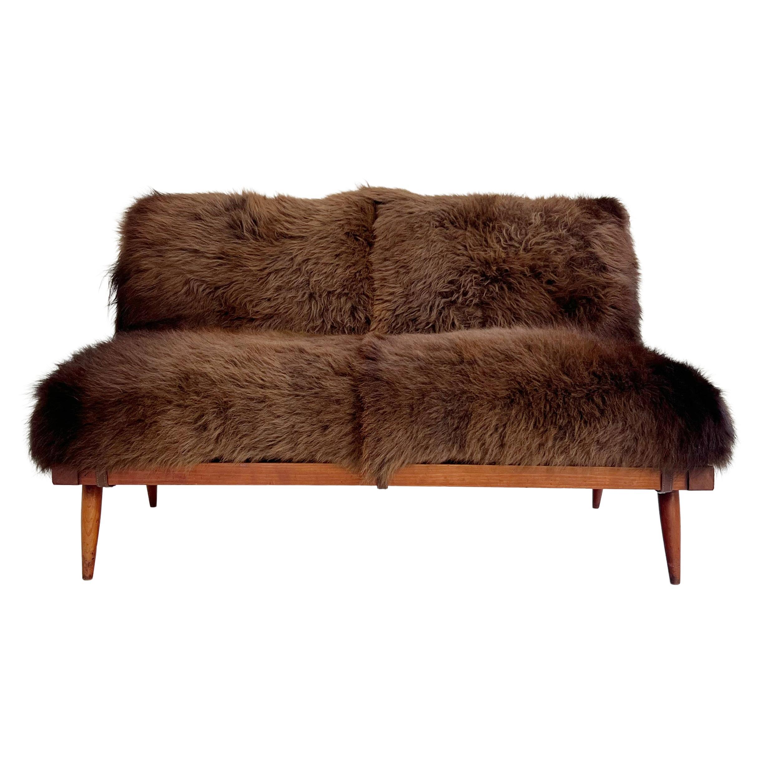 George Nakashima Settee with American Bison Hide Cushions