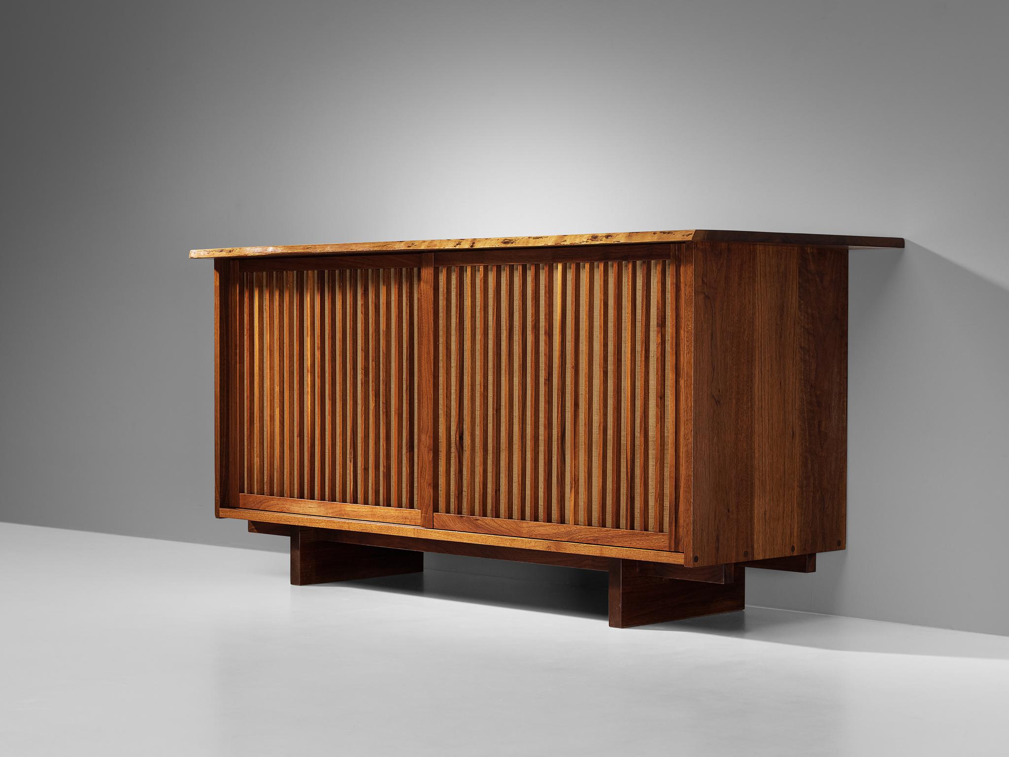 George Nakashima Sliding-Door Cabinet in Walnut and Pandanus Cloth 1