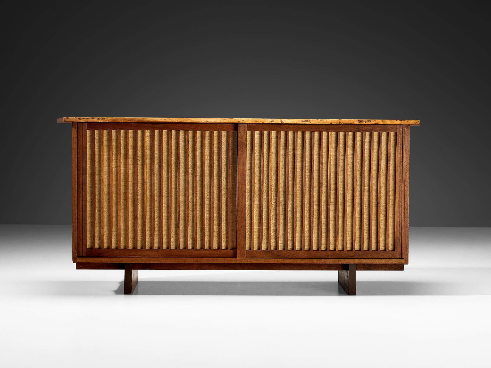 American George Nakashima Sliding-Door Cabinet in Walnut and Pandanus Cloth  For Sale
