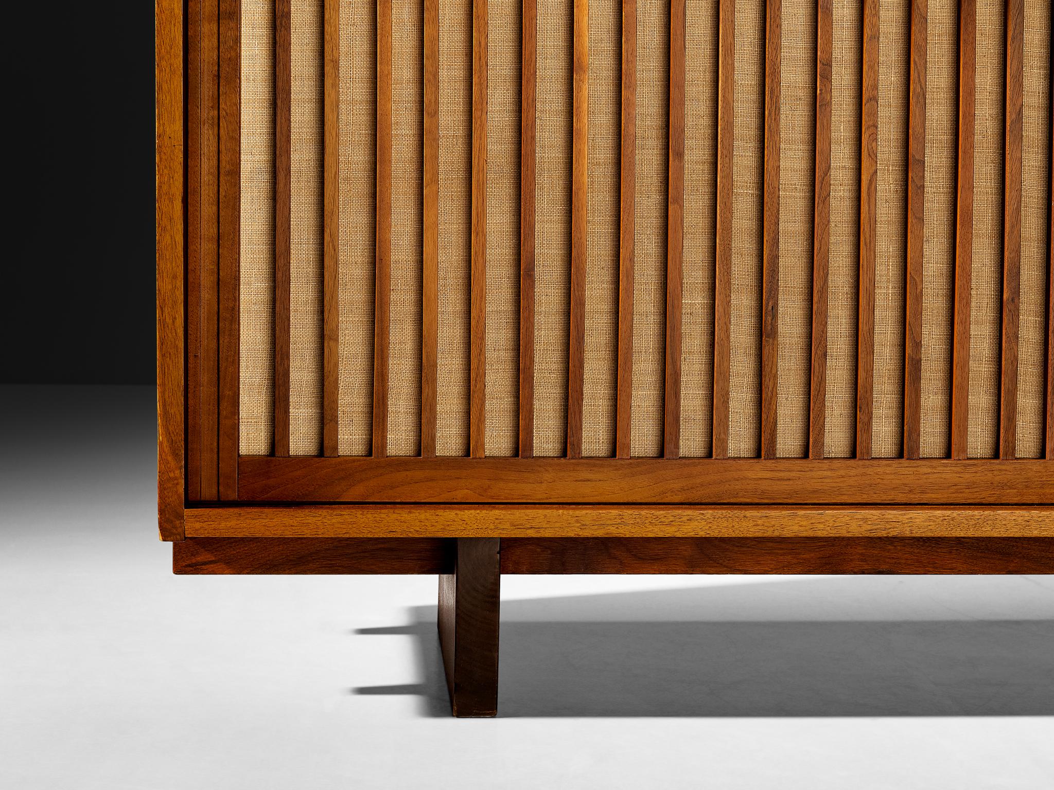 American George Nakashima Sliding-Door Cabinet in Walnut and Pandanus Cloth For Sale