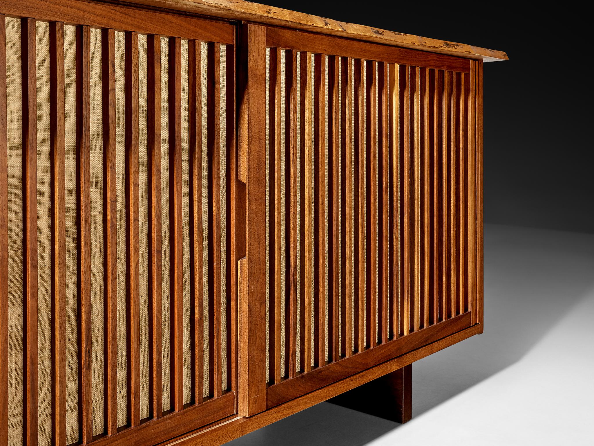 Mid-20th Century George Nakashima Sliding-Door Cabinet in Walnut and Pandanus Cloth For Sale