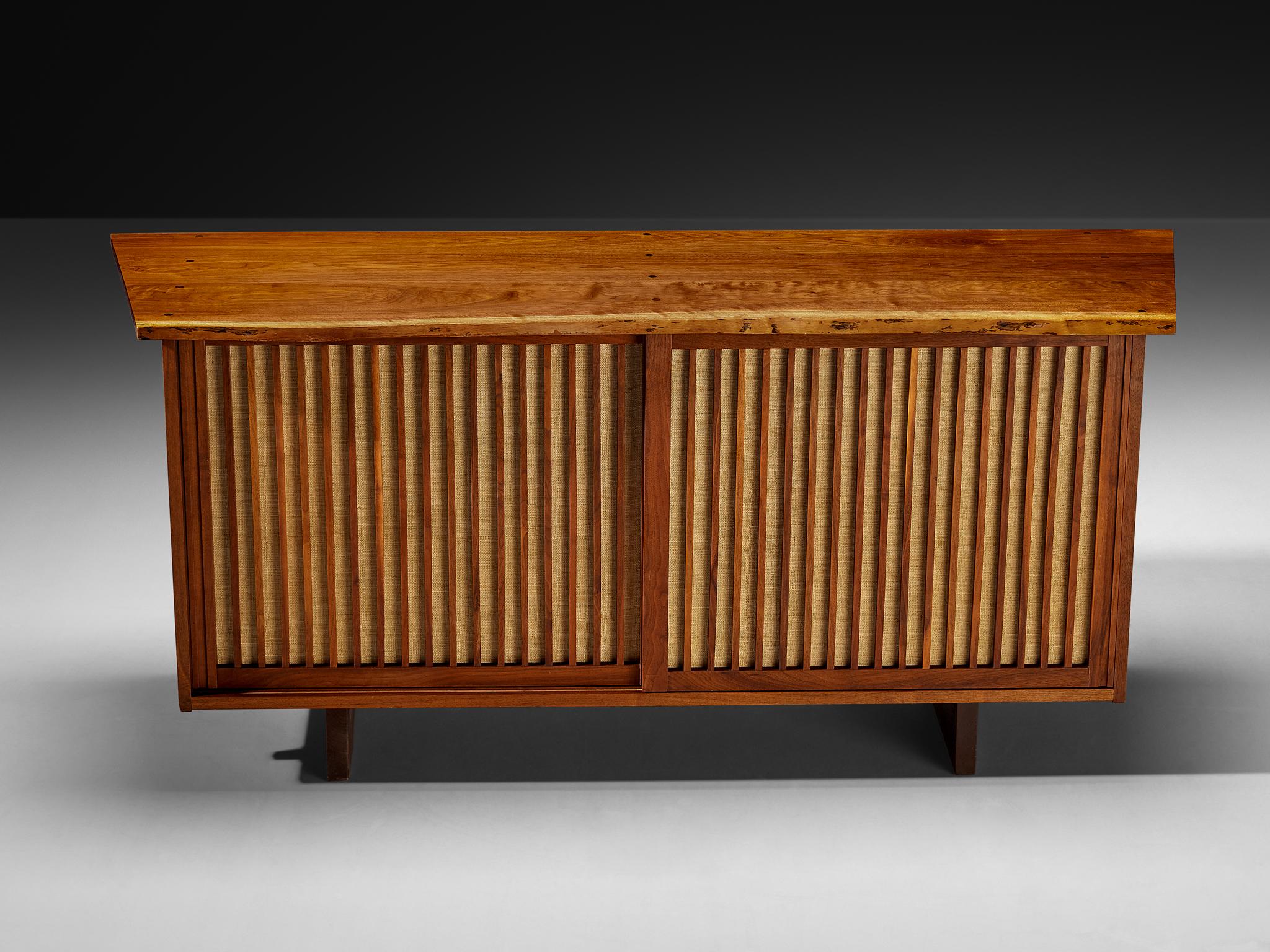 George Nakashima Sliding-Door Cabinet in Walnut and Pandanus Cloth For Sale 1