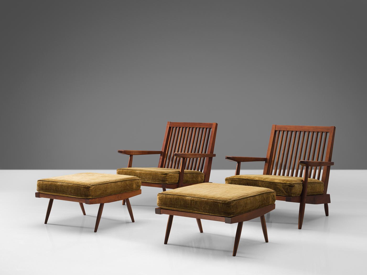 George Nakashima, armchairs, walnut, green to ocre fabric, United States, design, circa 1950.

These quintessential spindleback armchairs and ottomans are designed by Nakashima. The chairs feature spindles at the back, referring with this detail