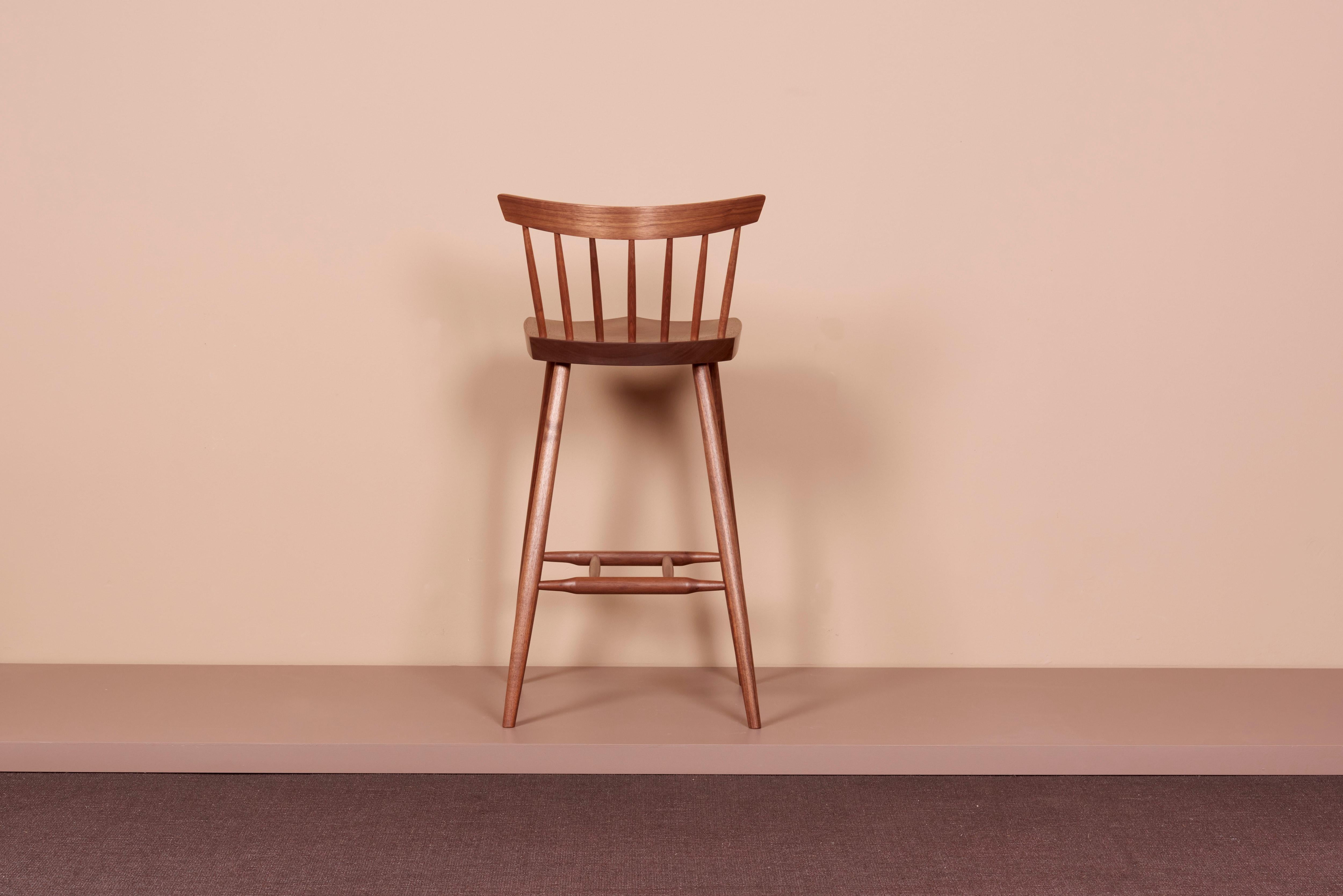 Mira Nakashima 4 legged high chair based on a design by George Nakashima, new. One of the chairs is in stock, for more chairs: Please consider the production lead time of about 18 months.
 