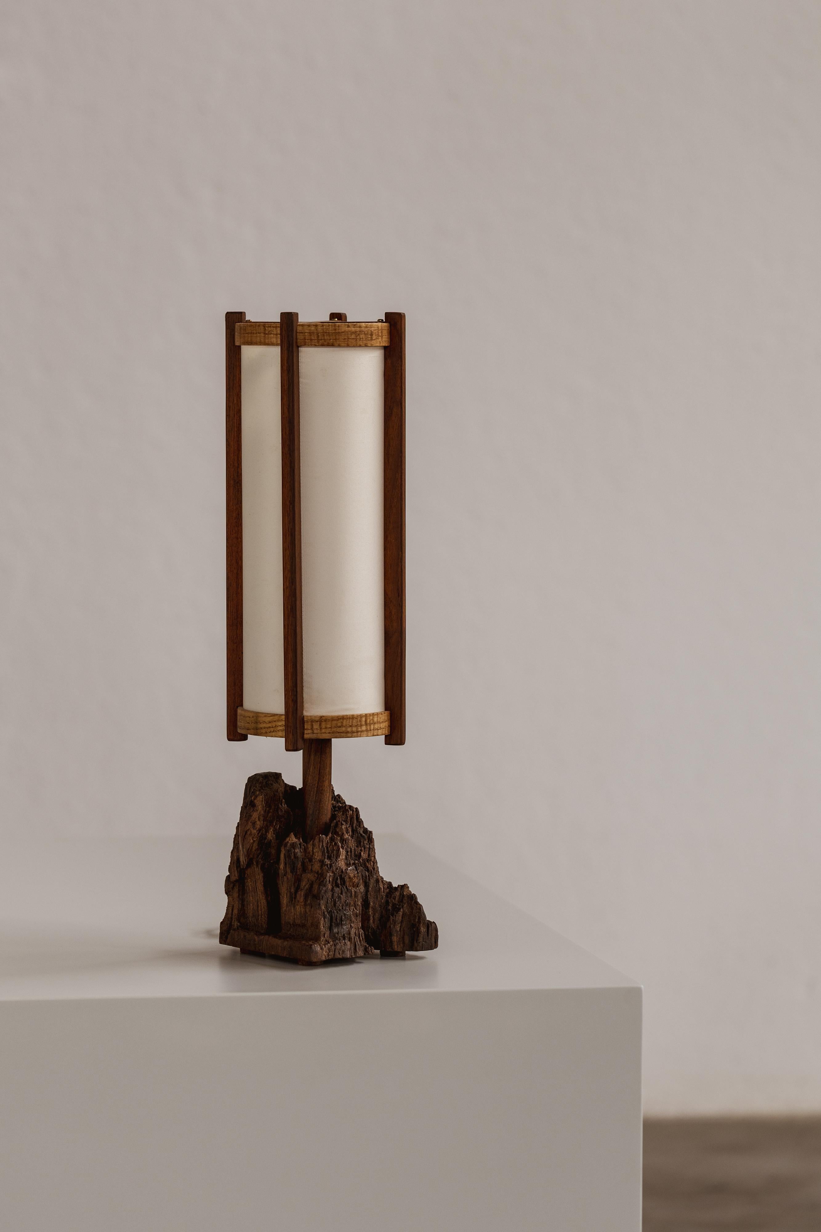 George Nakashima table lamp, walnut and fabric, USA, 1961.

George Nakashima, the renowned American artist and sculptor born from a Japanese family in Spokane, WA, crafted this pair of table lamps in his workshop in 1961. The vertical frame uses