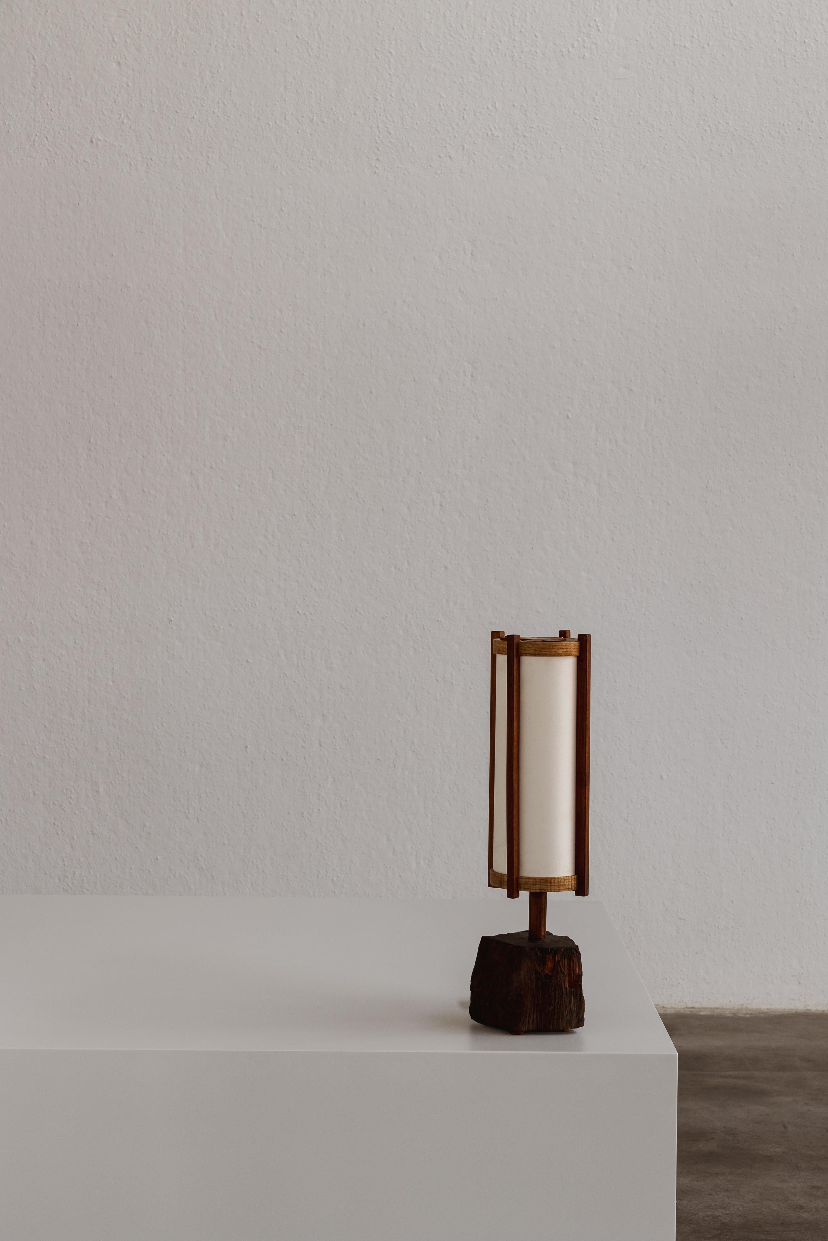 George Nakashima table lamp, walnut and fabric, USA, 1961.

George Nakashima, the renowned American artist and sculptor born from a Japanese family in Spokane, WA, crafted this pair of table lamps in his workshop in 1961. The vertical frame uses