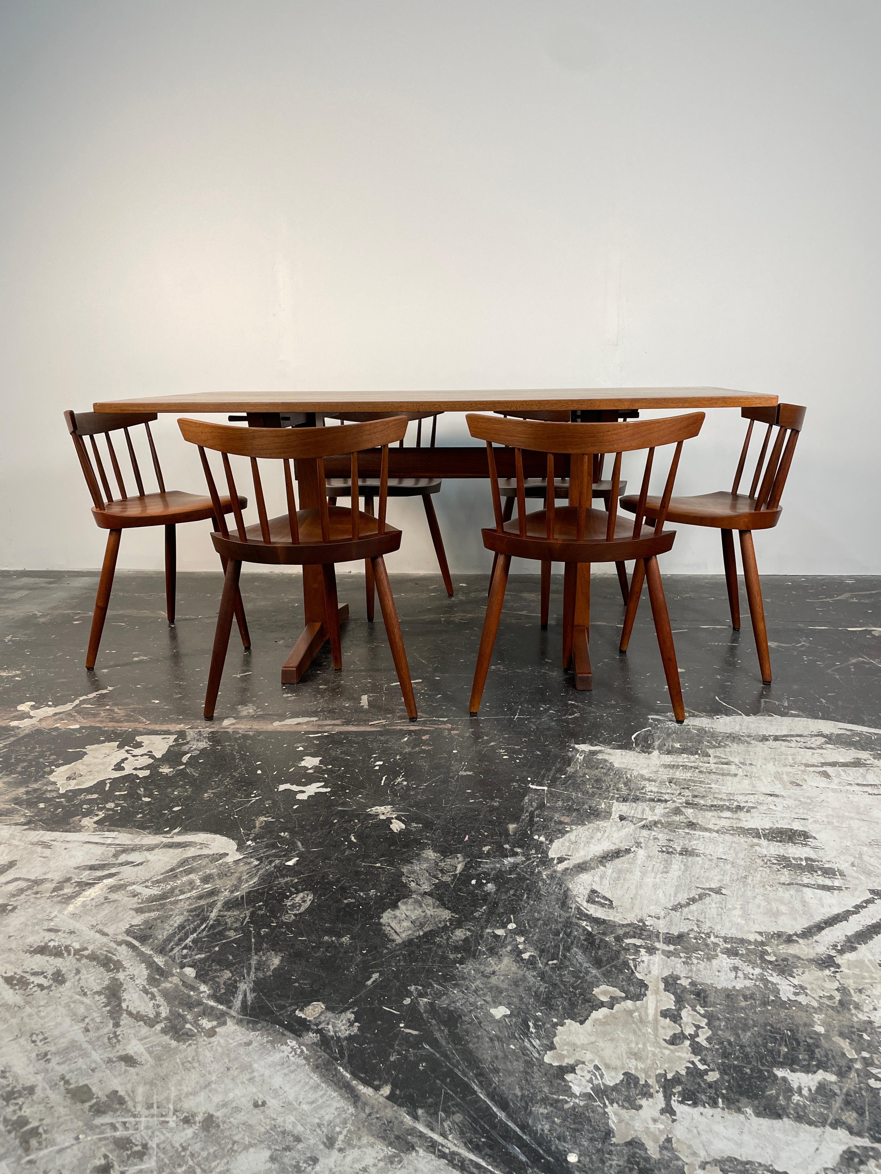 Hand-Carved George Nakashima Trestle Table and set of 6 Mira Chairs